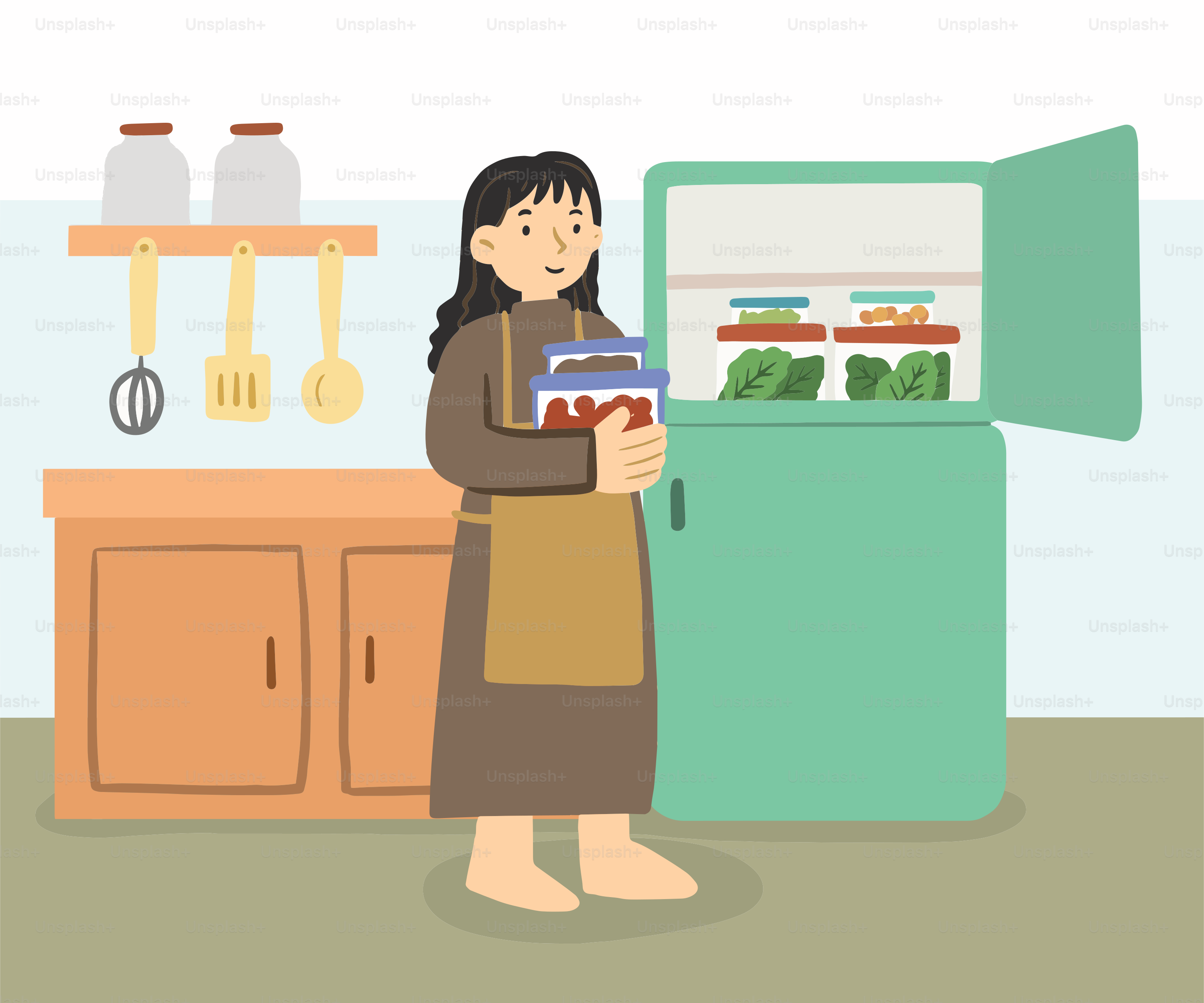 A woman standing in front of a refrigerator holding a book
