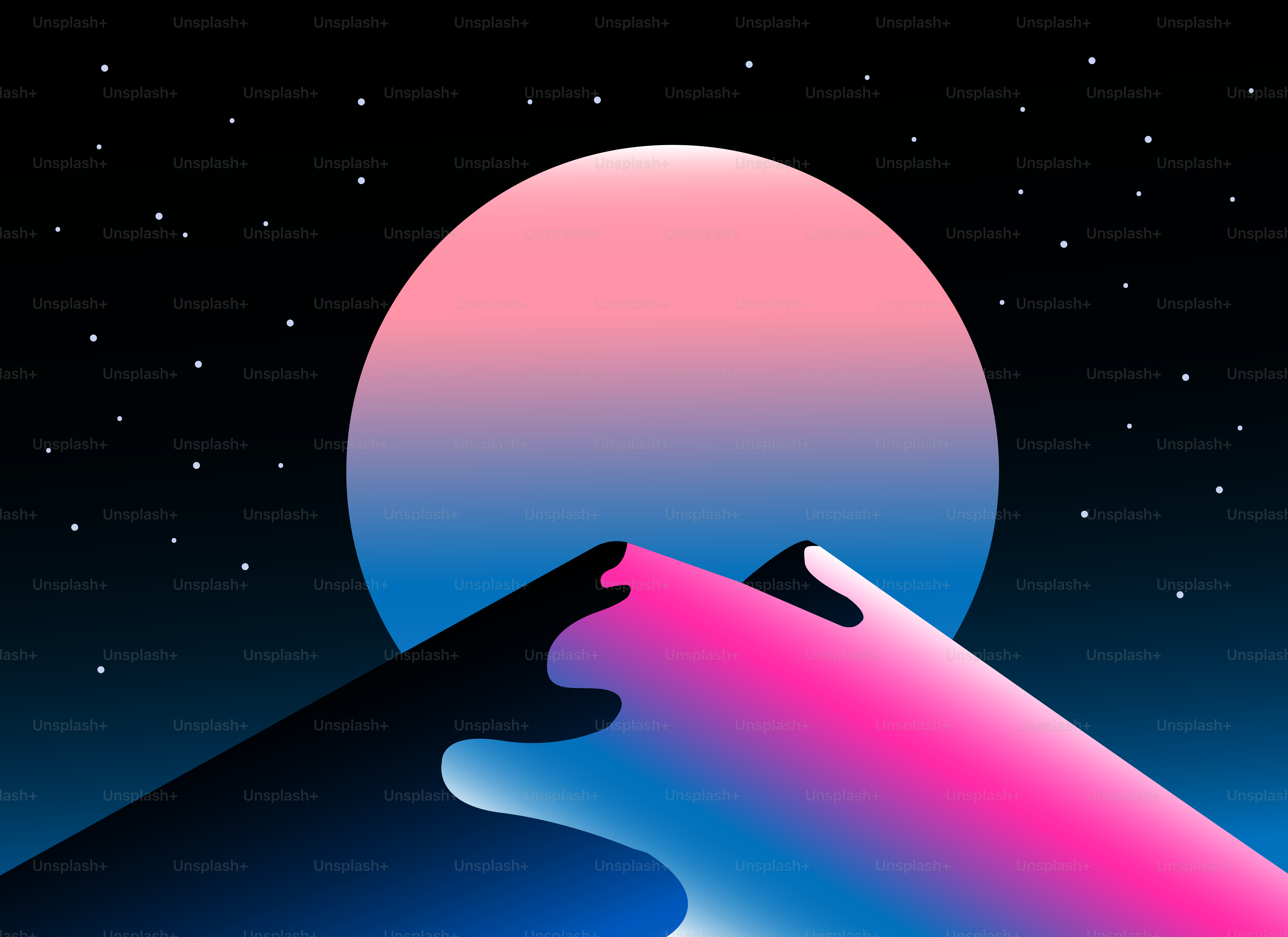 A stylized image of a mountain with a moon in the background