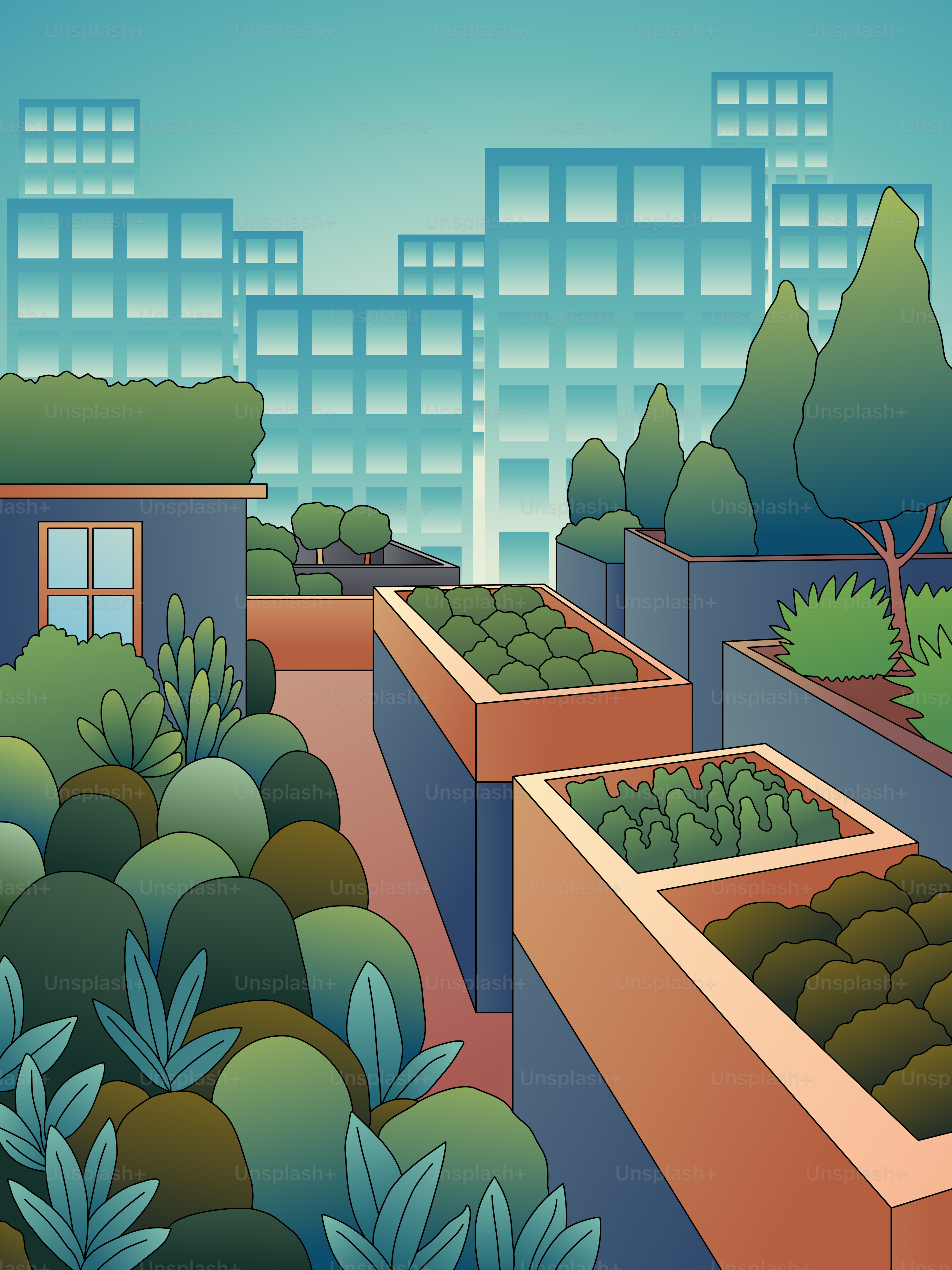 A painting of a rooftop garden in a city
