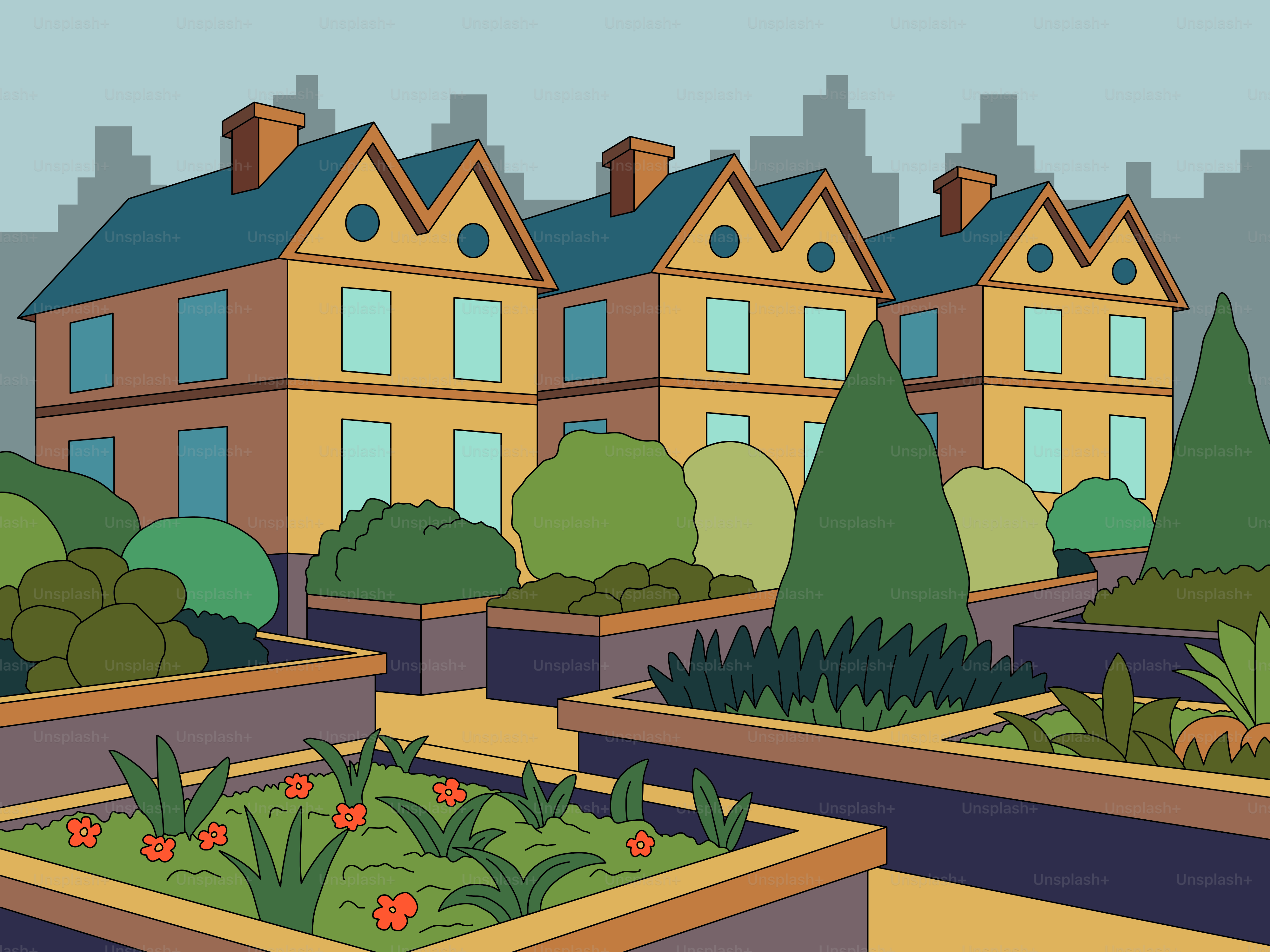 A cartoon of a row of houses with a garden in front of them