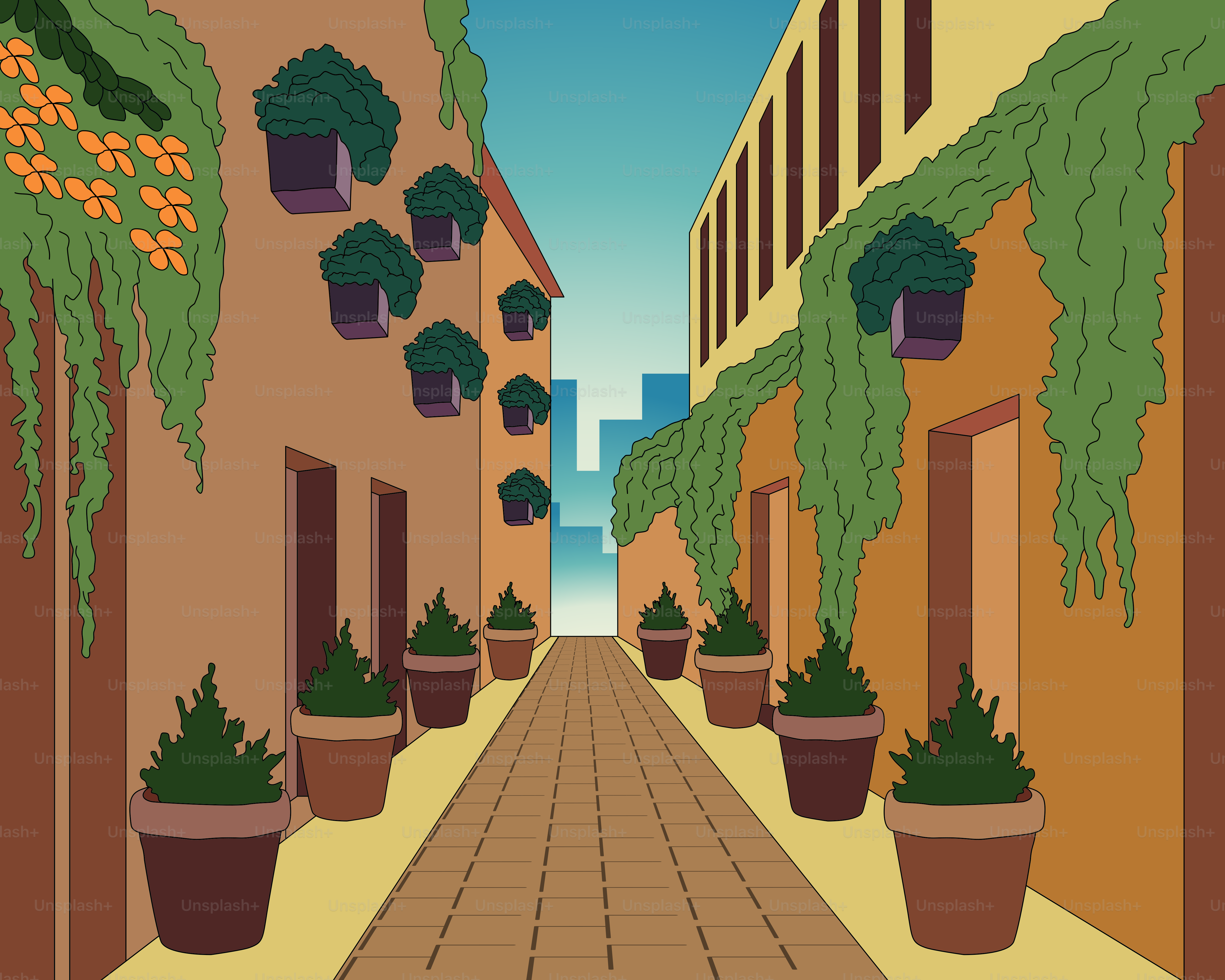 Une rue de la ville avec des plantes en pot et des bâtiments