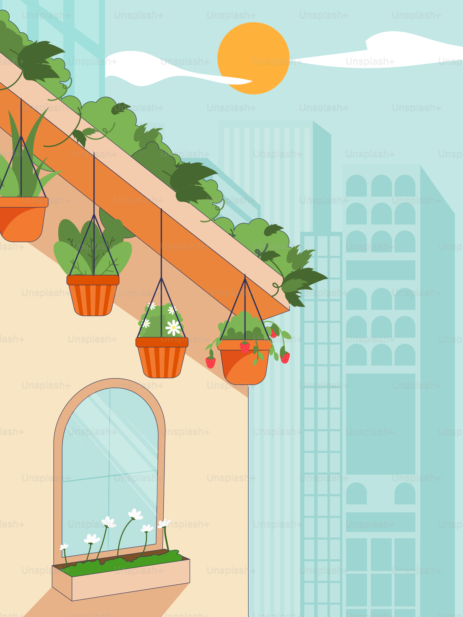 A balcony with potted plants hanging from the roof