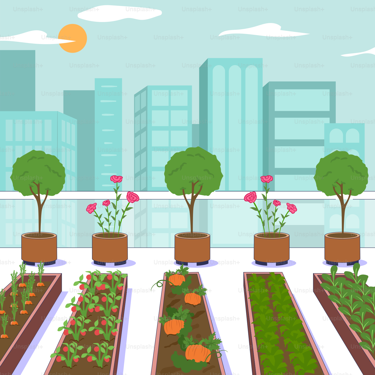 Una fila de parterres con plantas creciendo en ellos