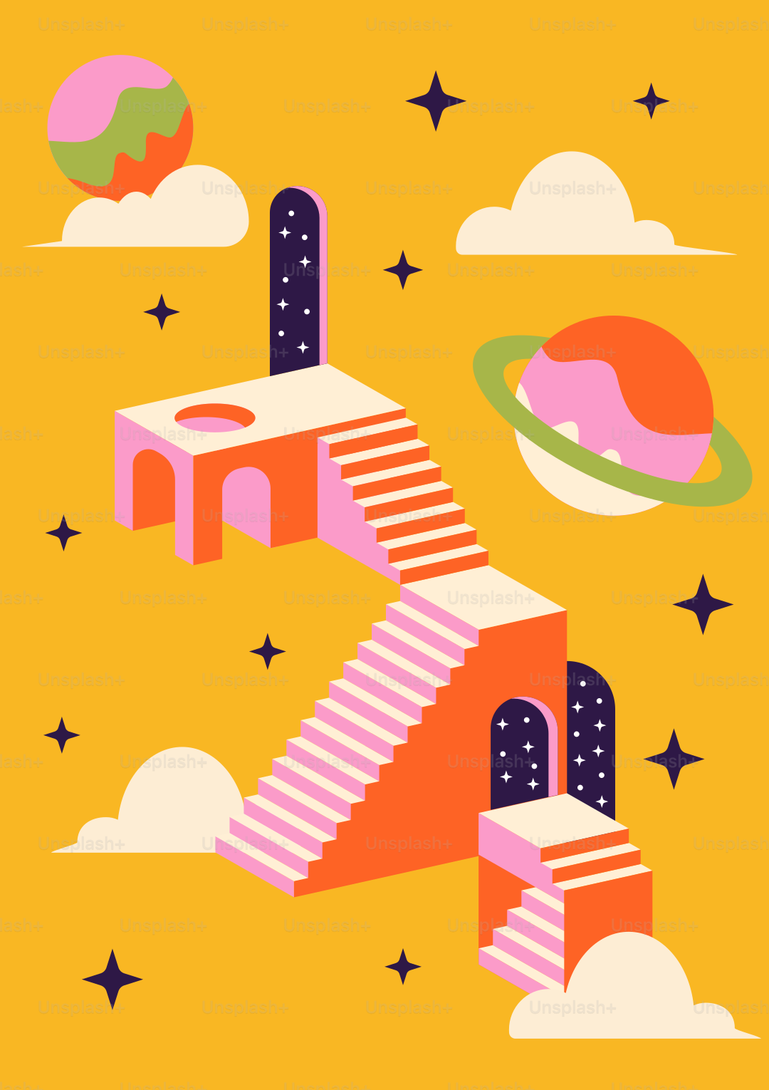 A yellow background with an illustration of a staircase