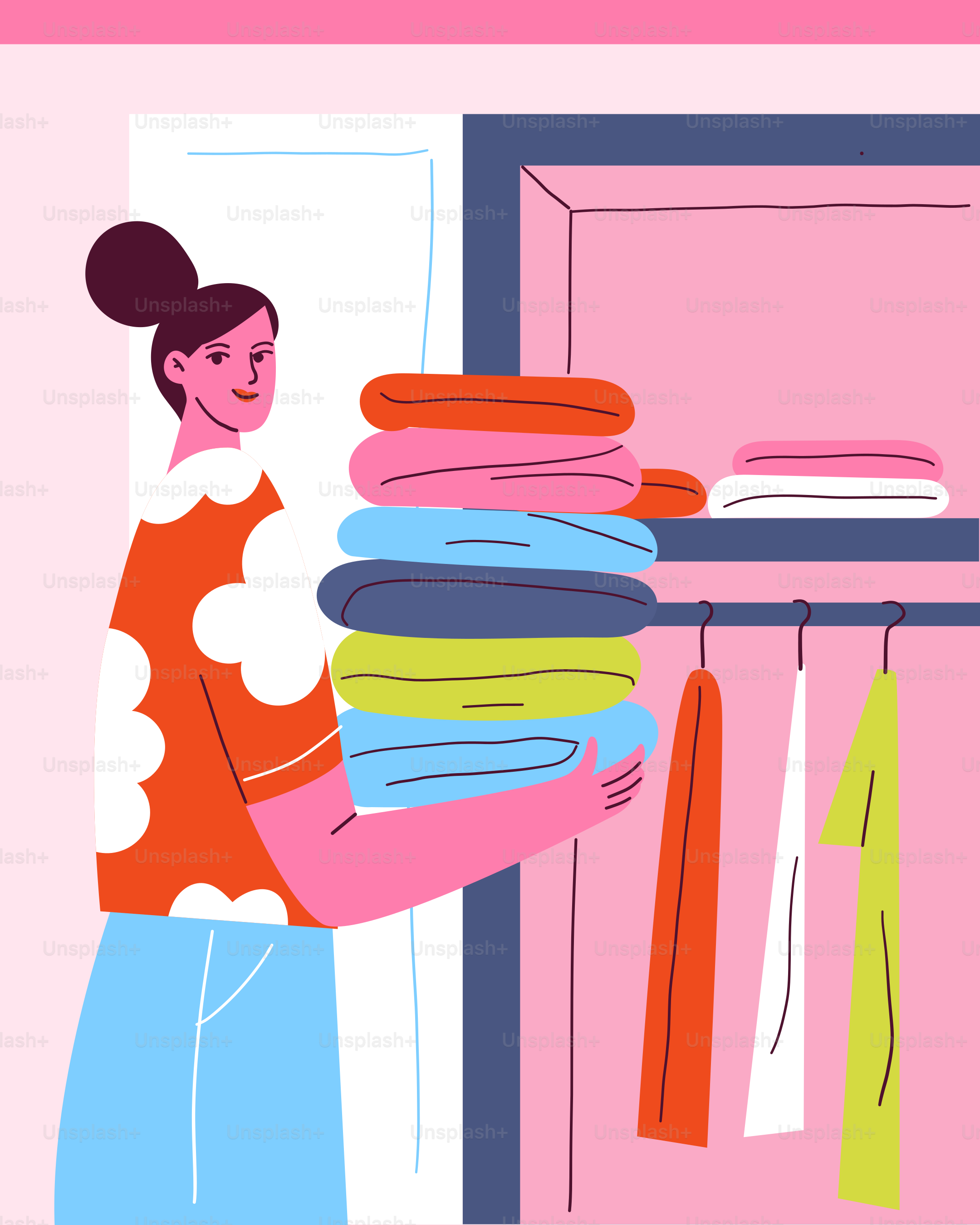 A woman holding a stack of clothes in front of a closet