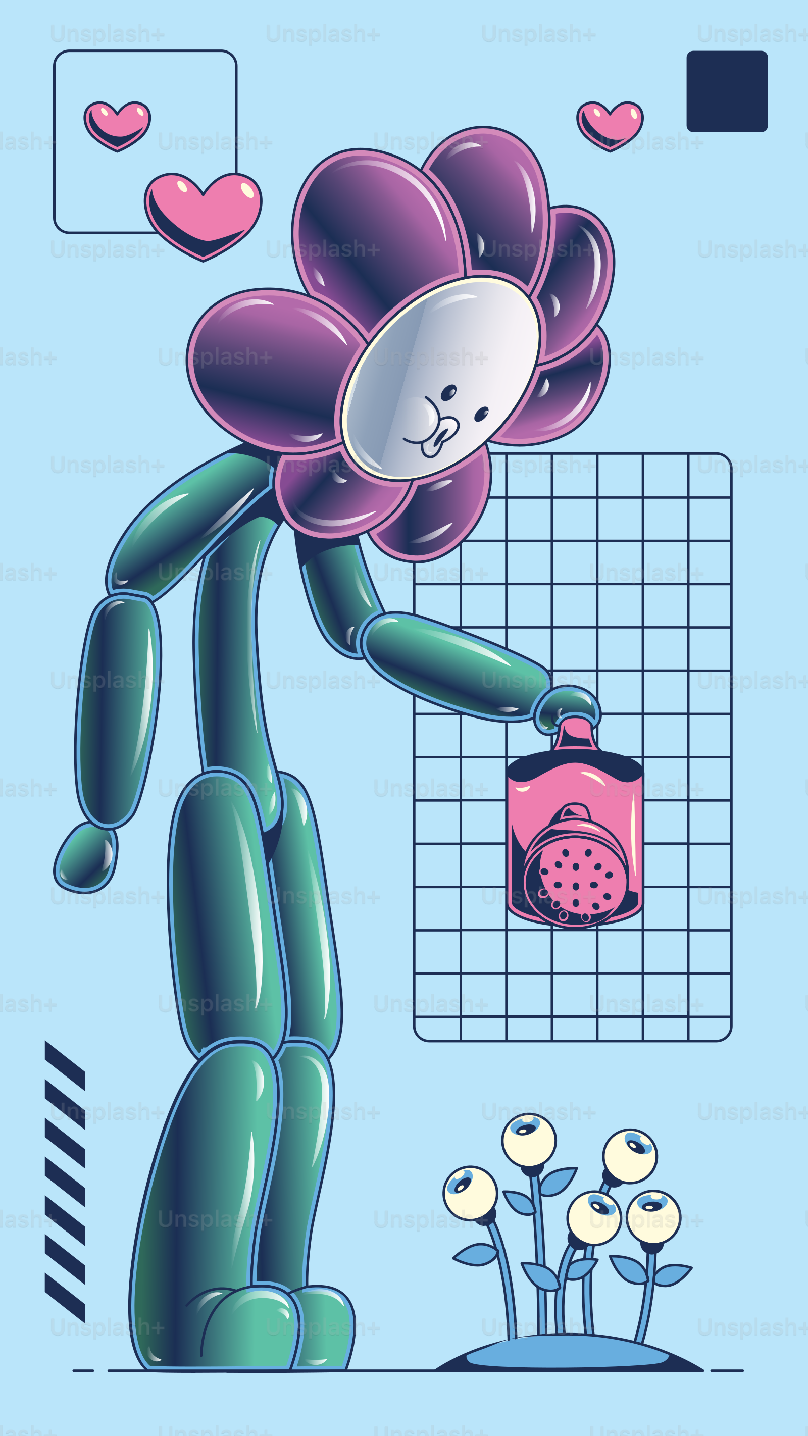 Un personnage de dessin animé tenant une fleur à côté d’un téléphone