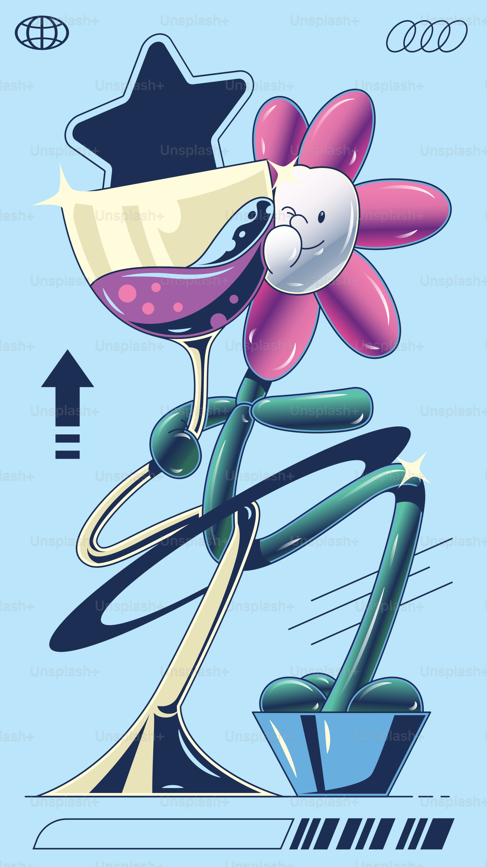 A cartoon character holding a wine glass with a flower in it