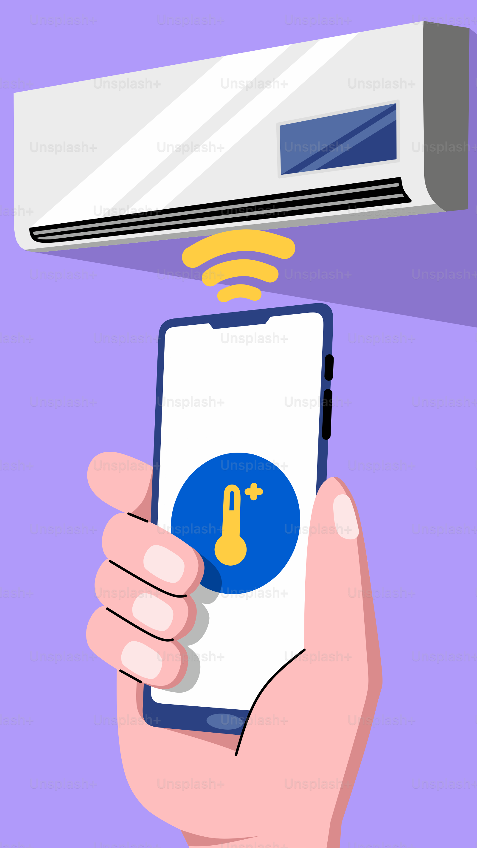 A person holding a cell phone in front of a wall mounted air conditioner