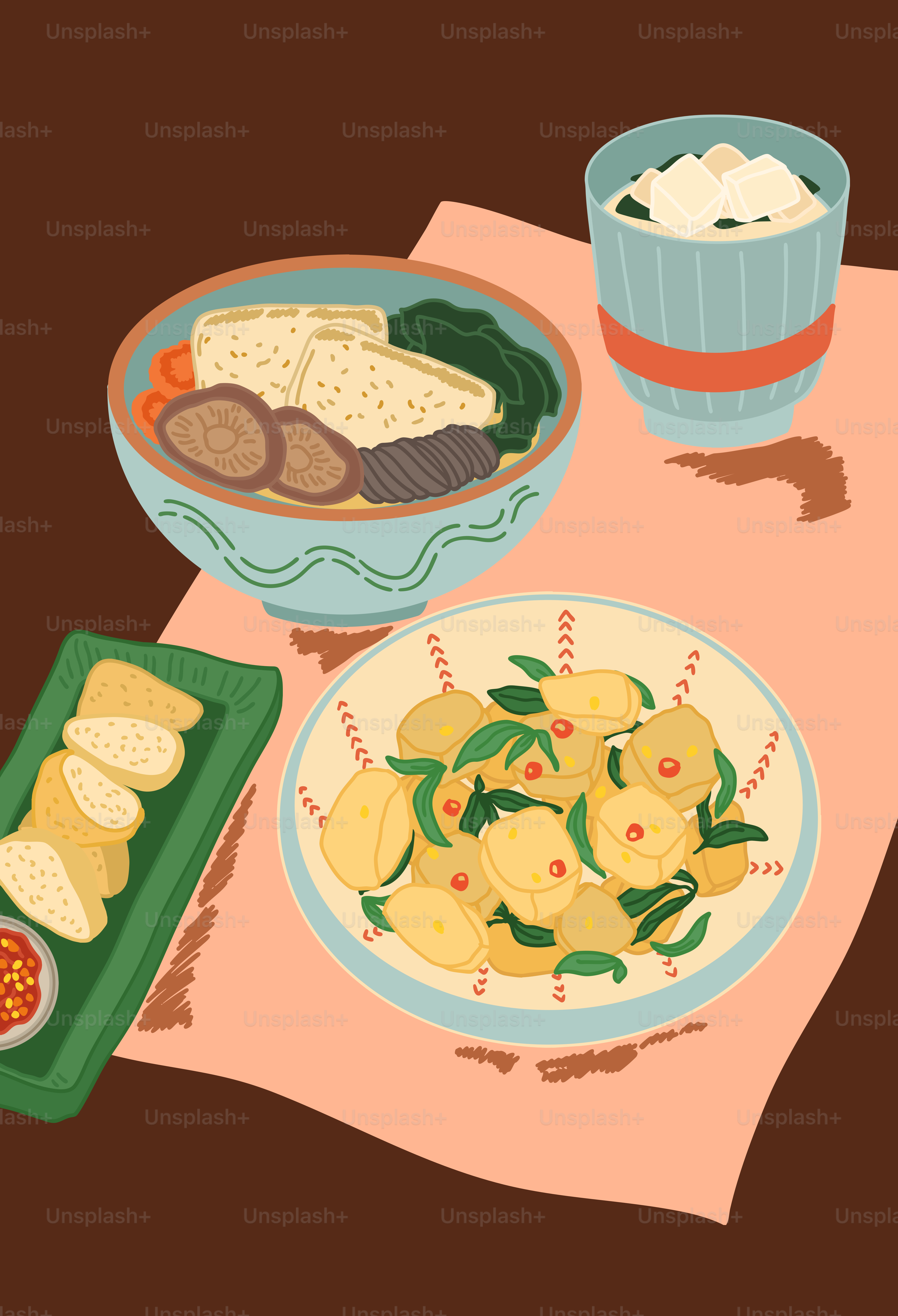 Un tavolo sormontato da piatti e ciotole di cibo