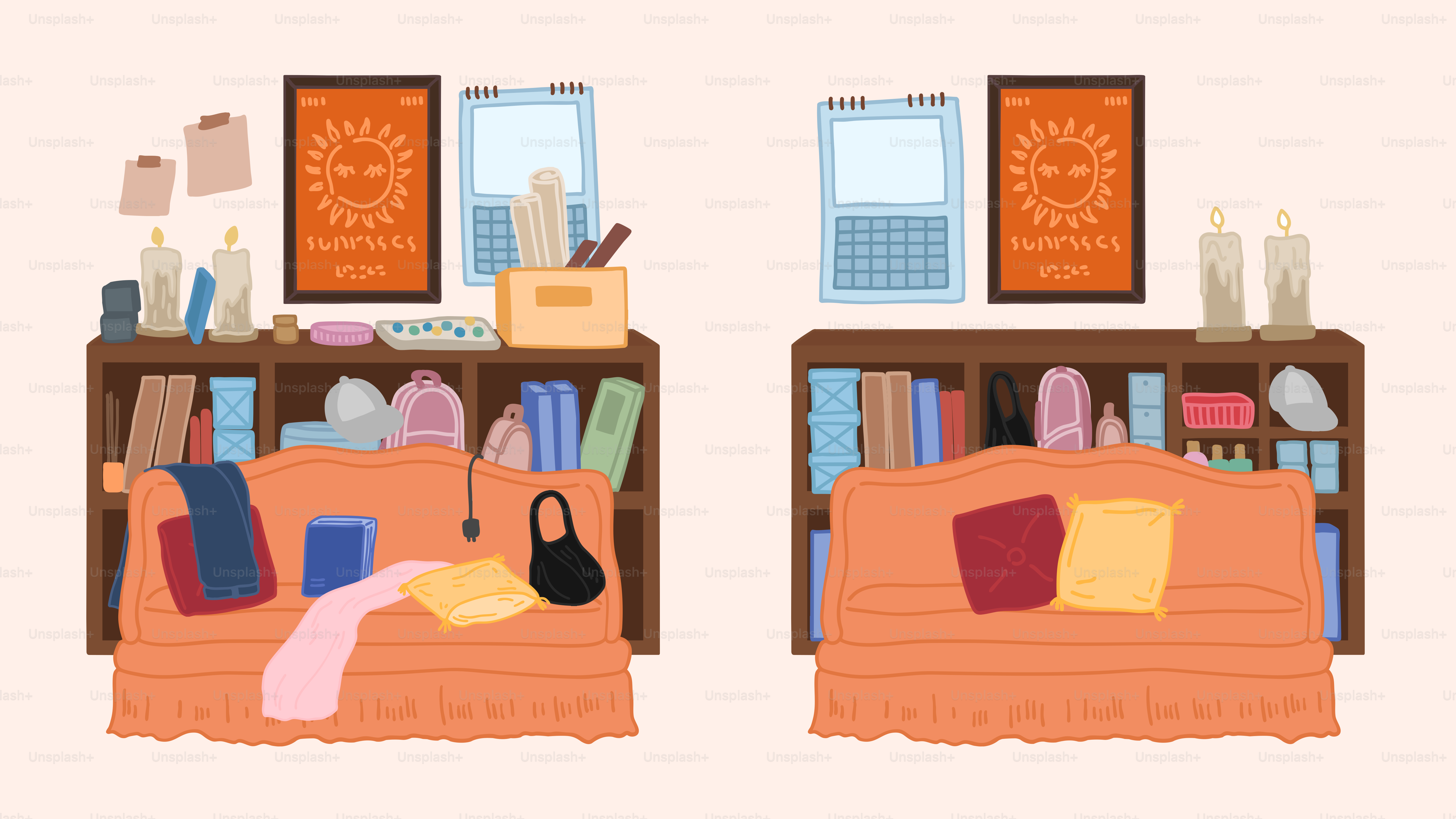 A living room with a couch and a book shelf