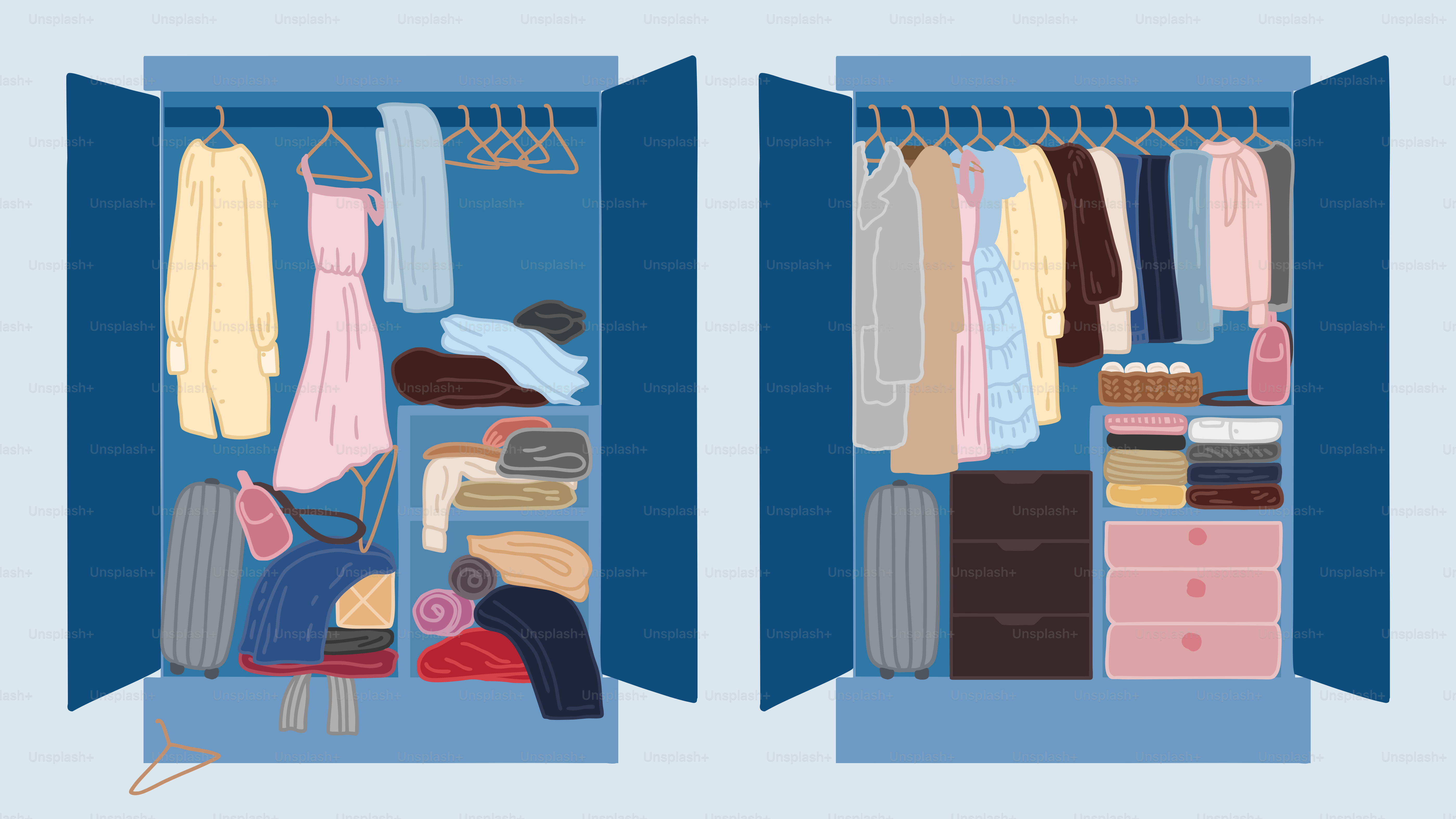 A picture of a closet with clothes hanging
