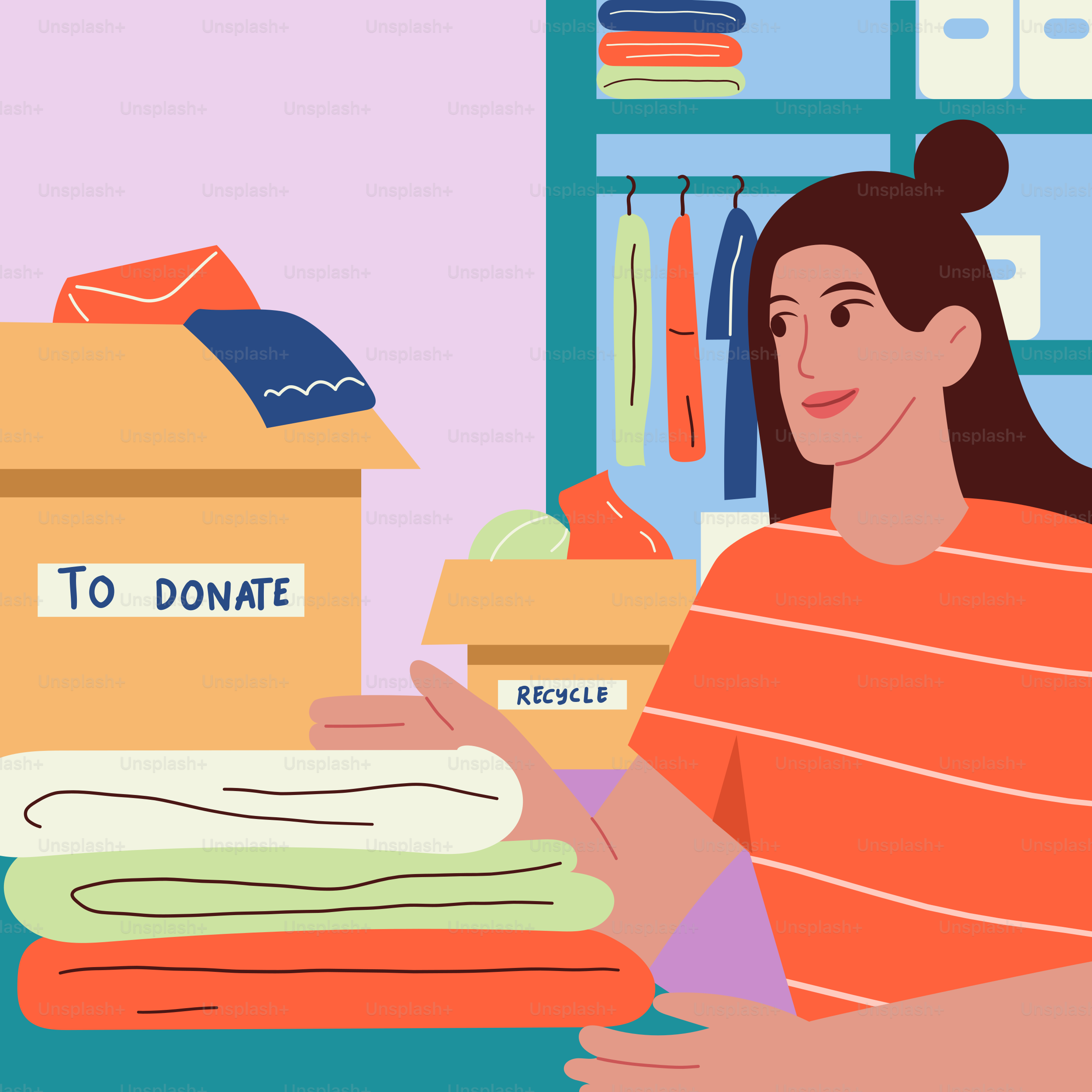 A woman sitting in front of a pile of clothes