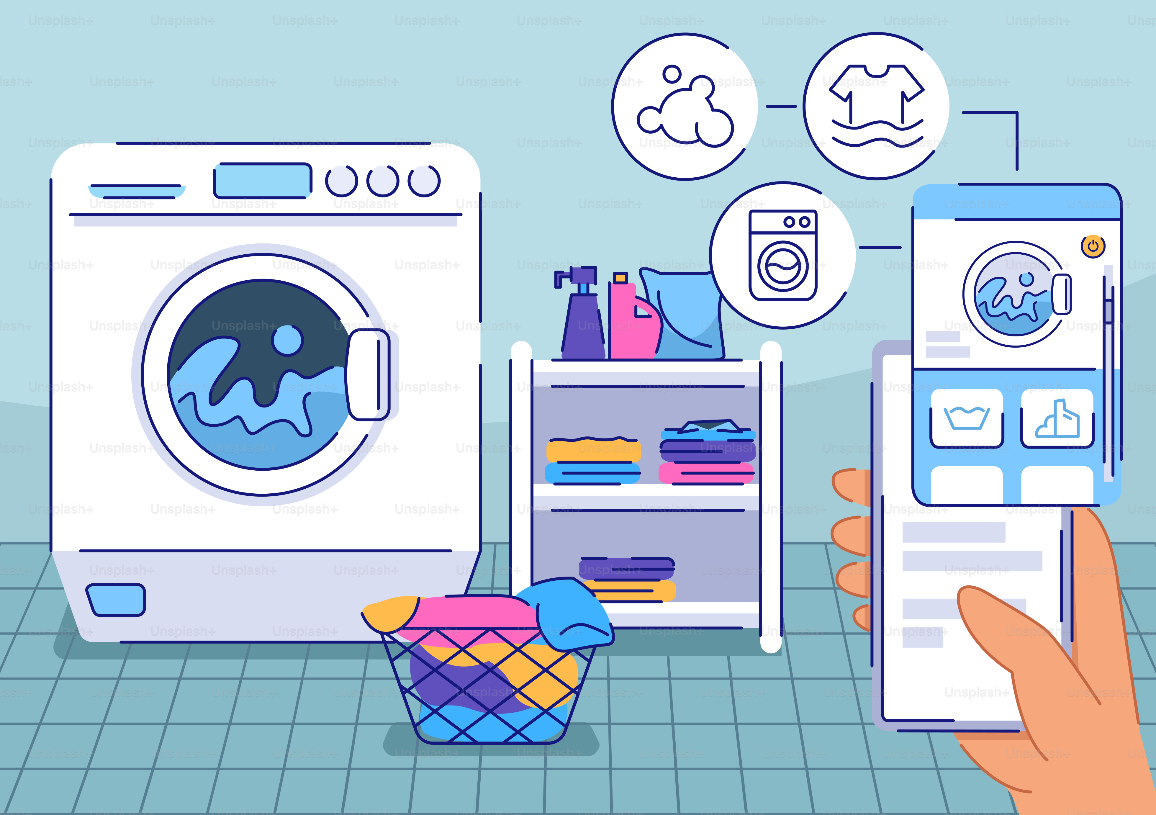 A person holding a phone next to a washing machine