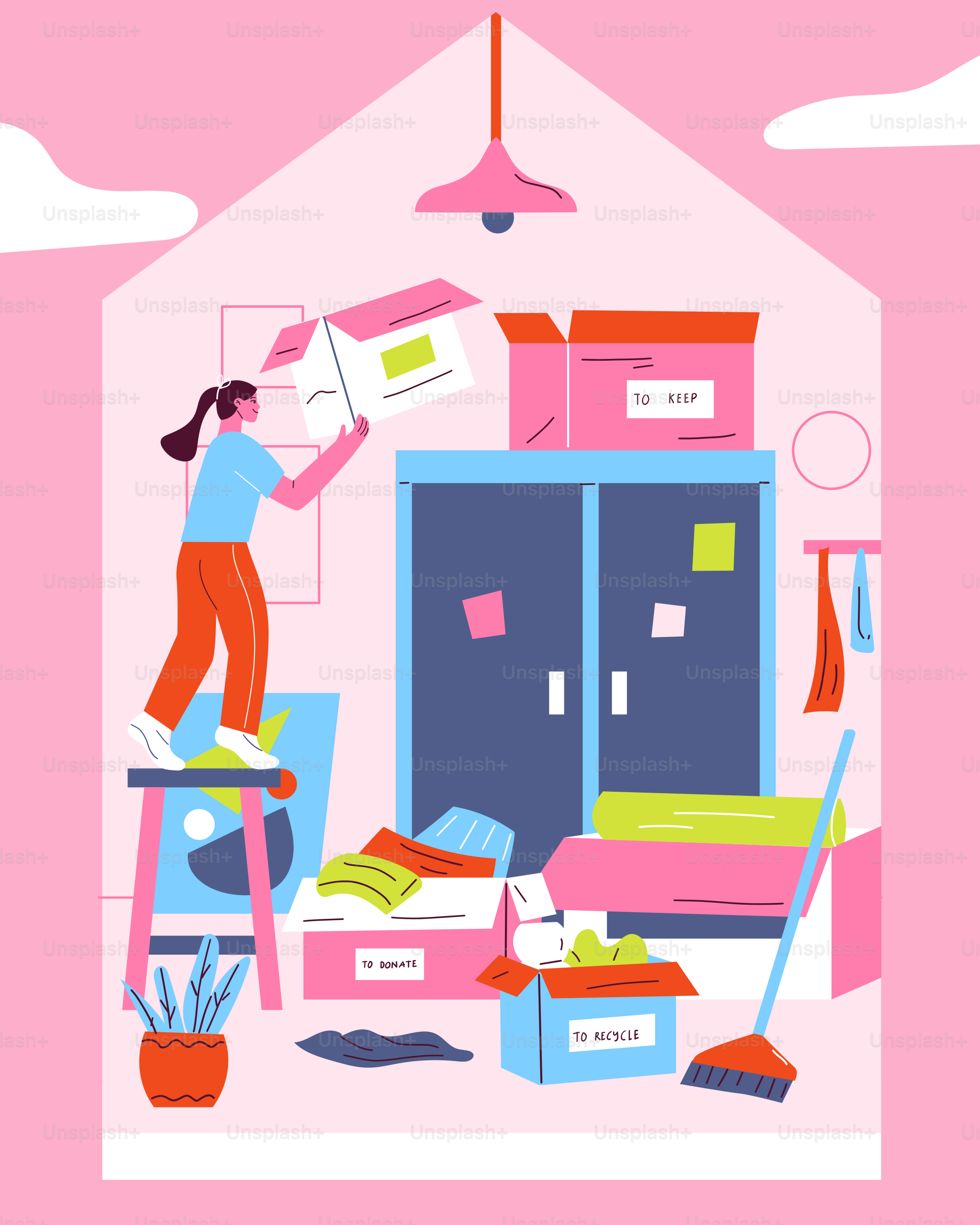A woman is cleaning a house with a pink background
