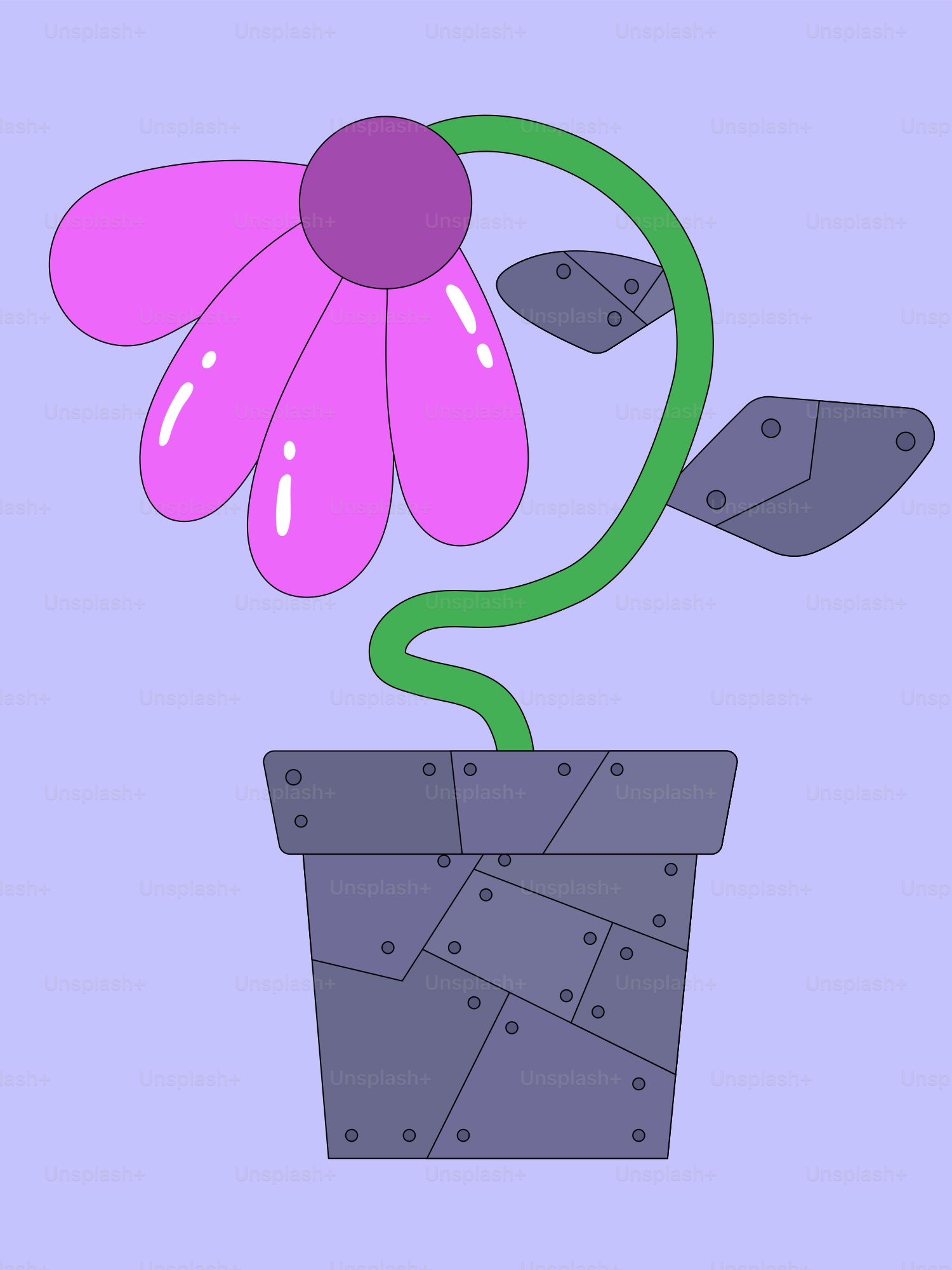 Une fleur violette dans un pot avec une tige verte