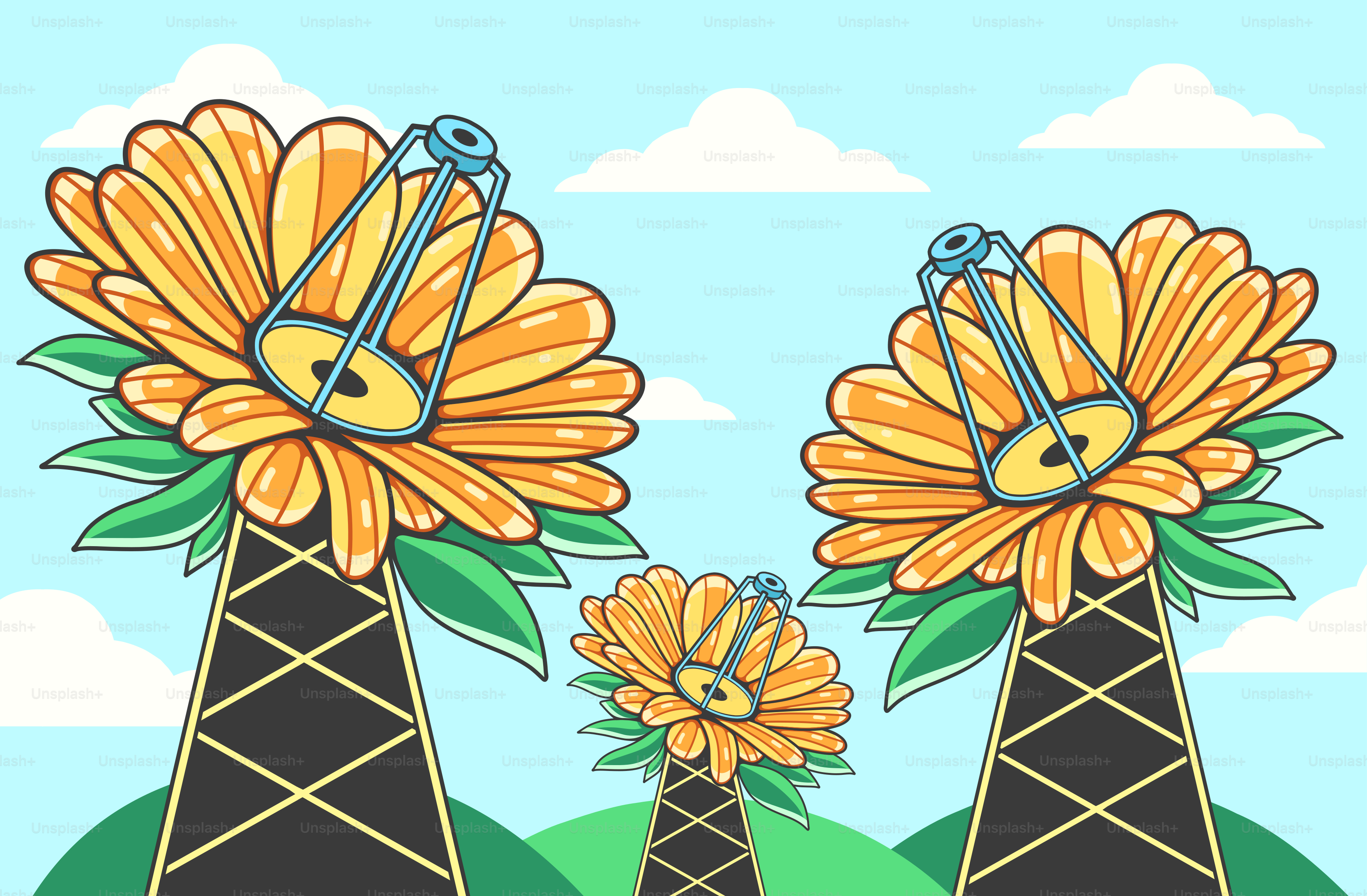 A drawing of three black and yellow towers with flowers on them