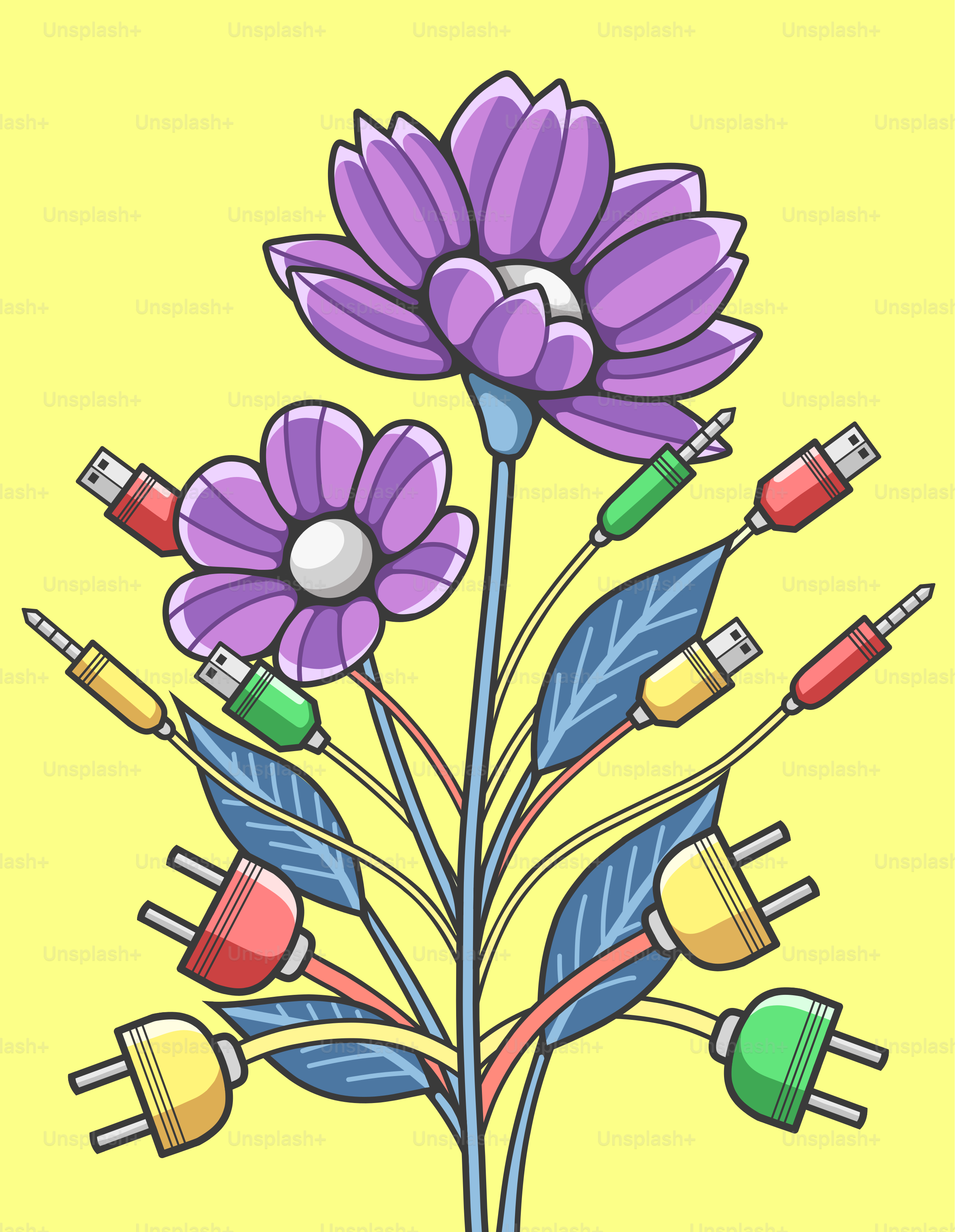 A drawing of a purple flower on a yellow background