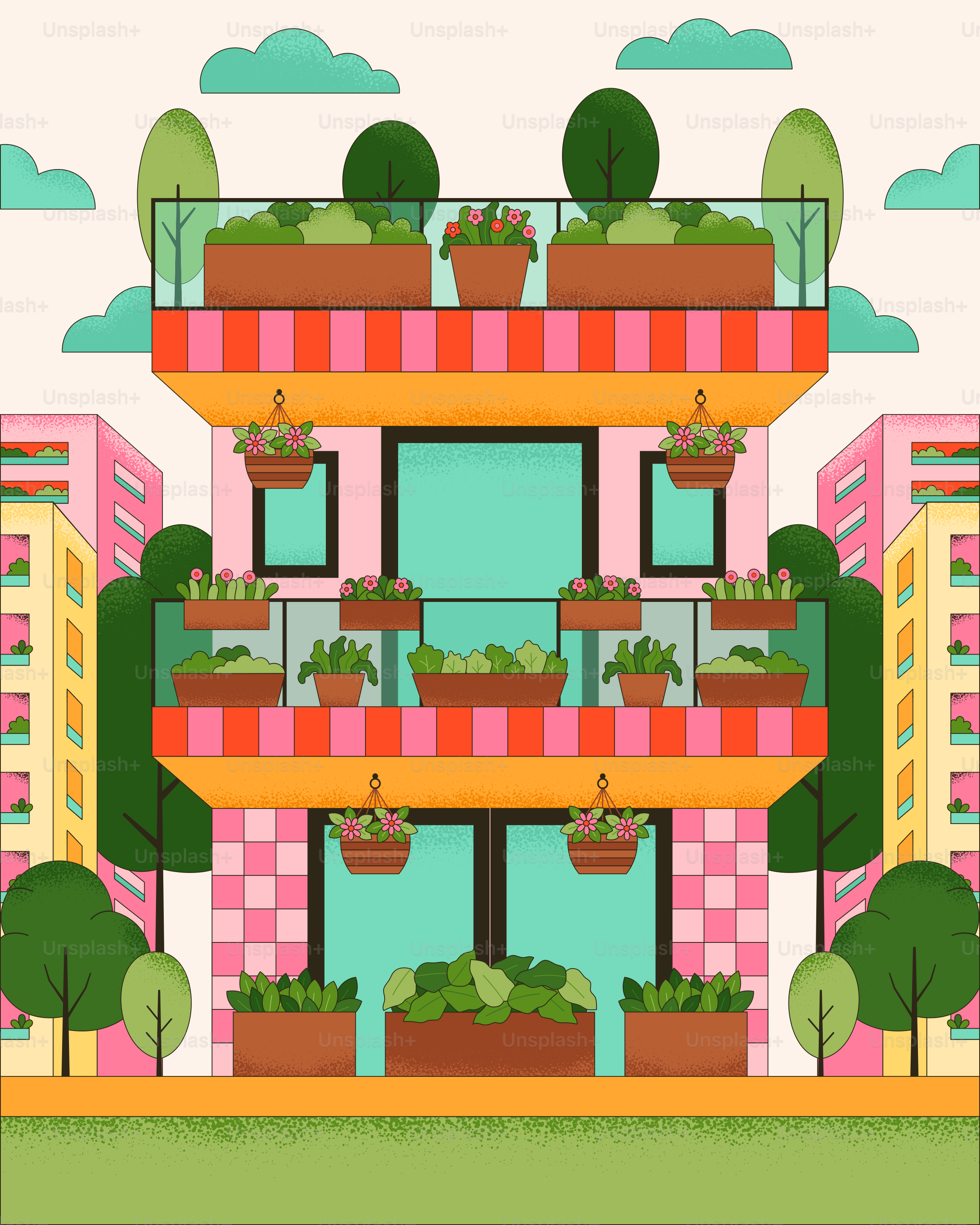 A tall building with plants growing out of it