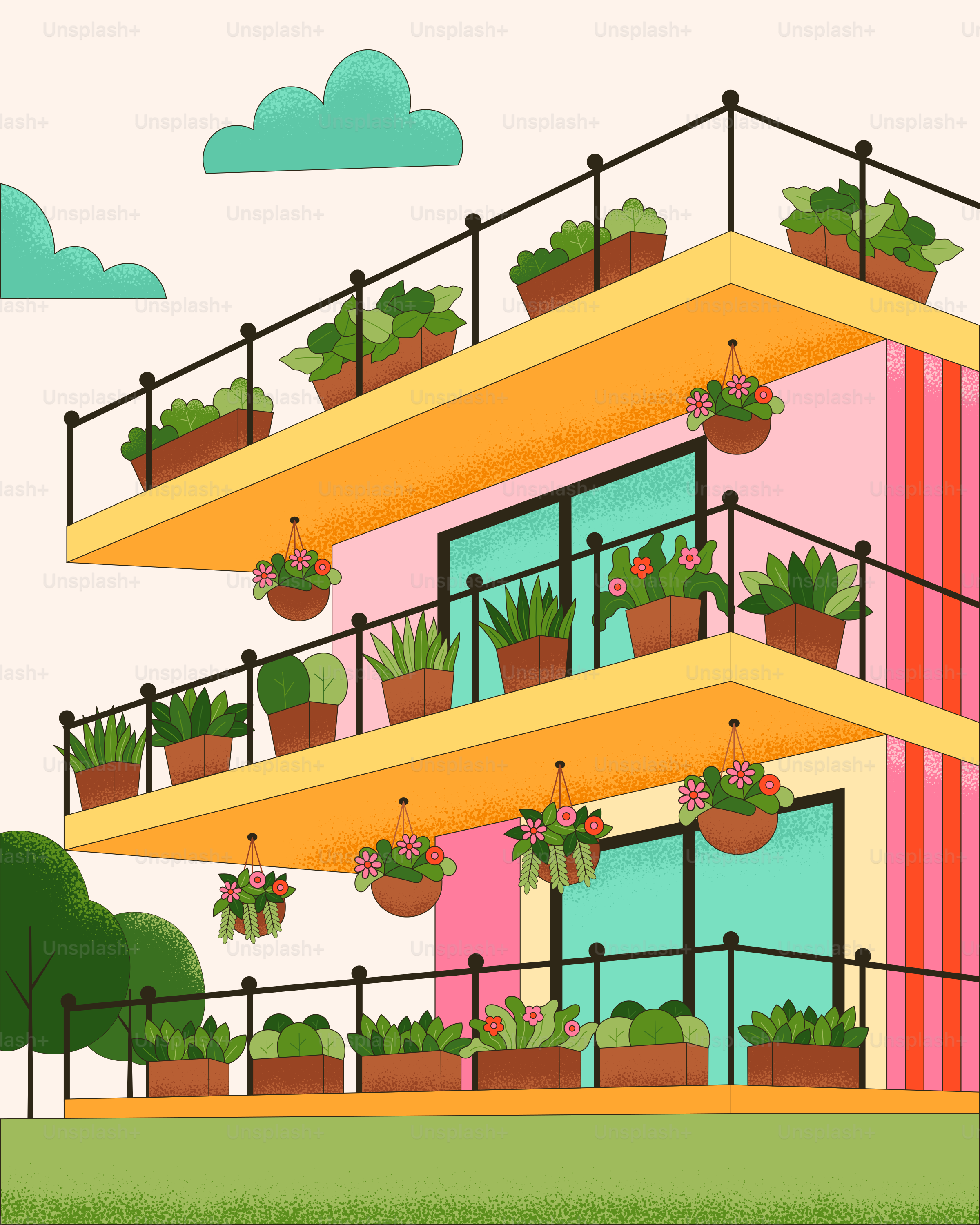 A tall building with plants on the balconies