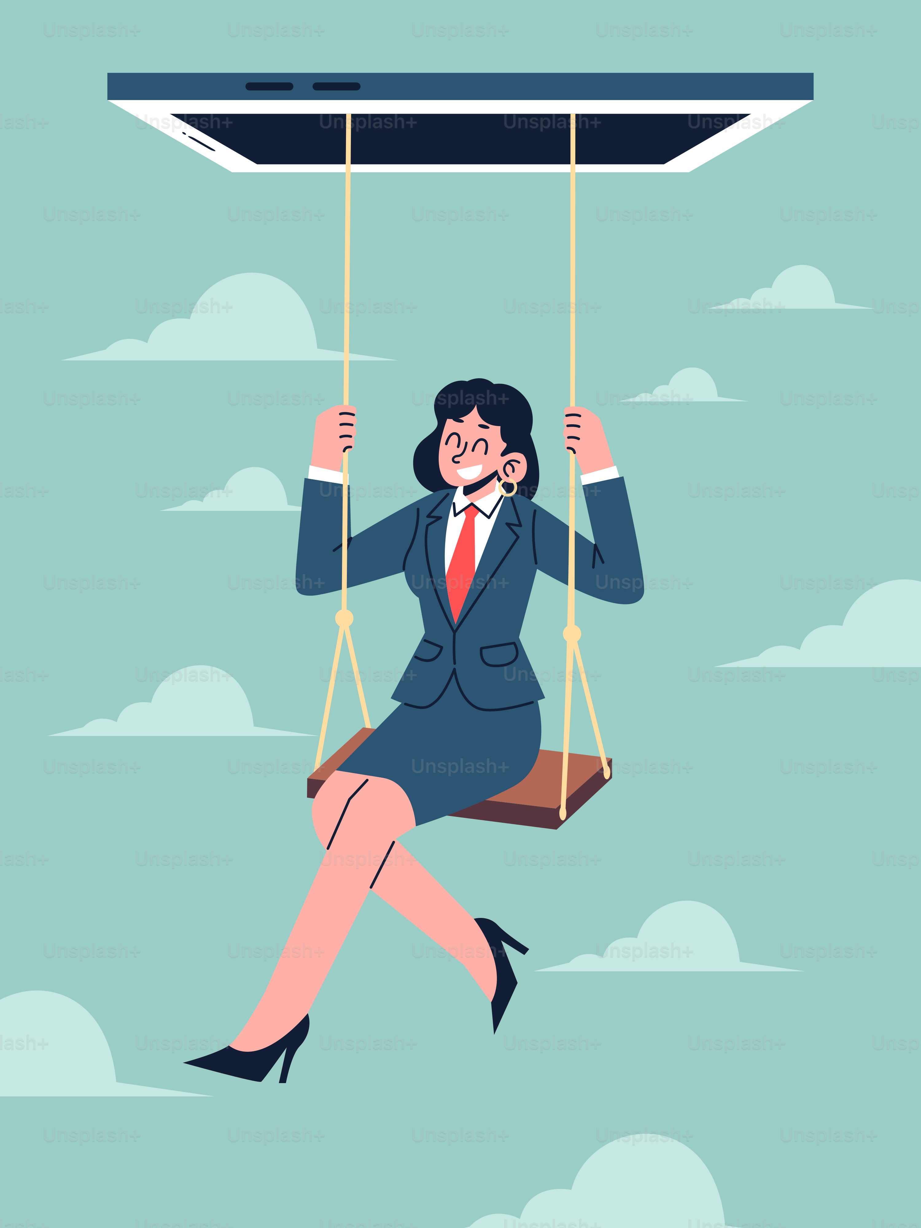 A woman in a business suit swinging on a swing