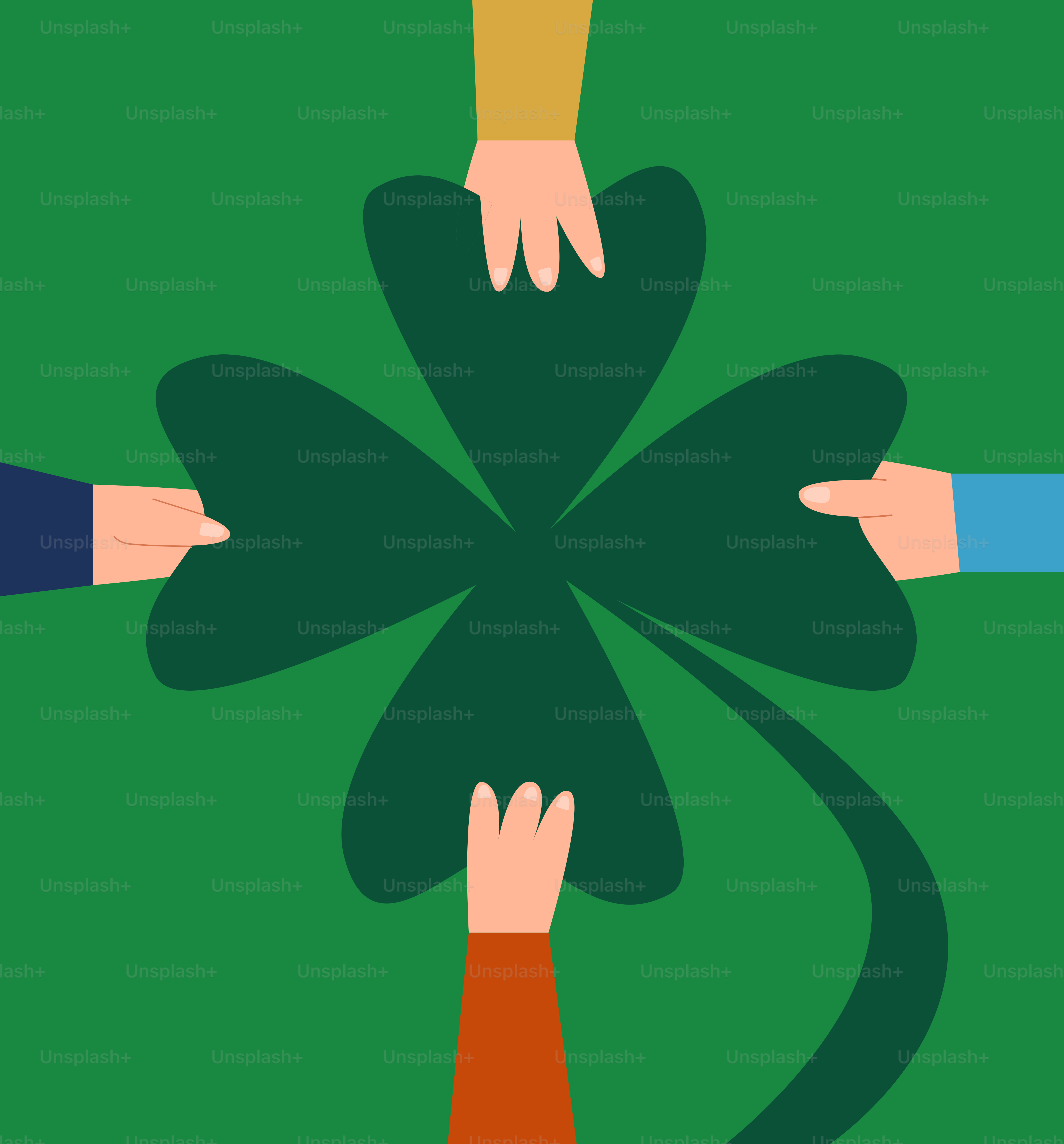 Four hands holding a four leaf clover