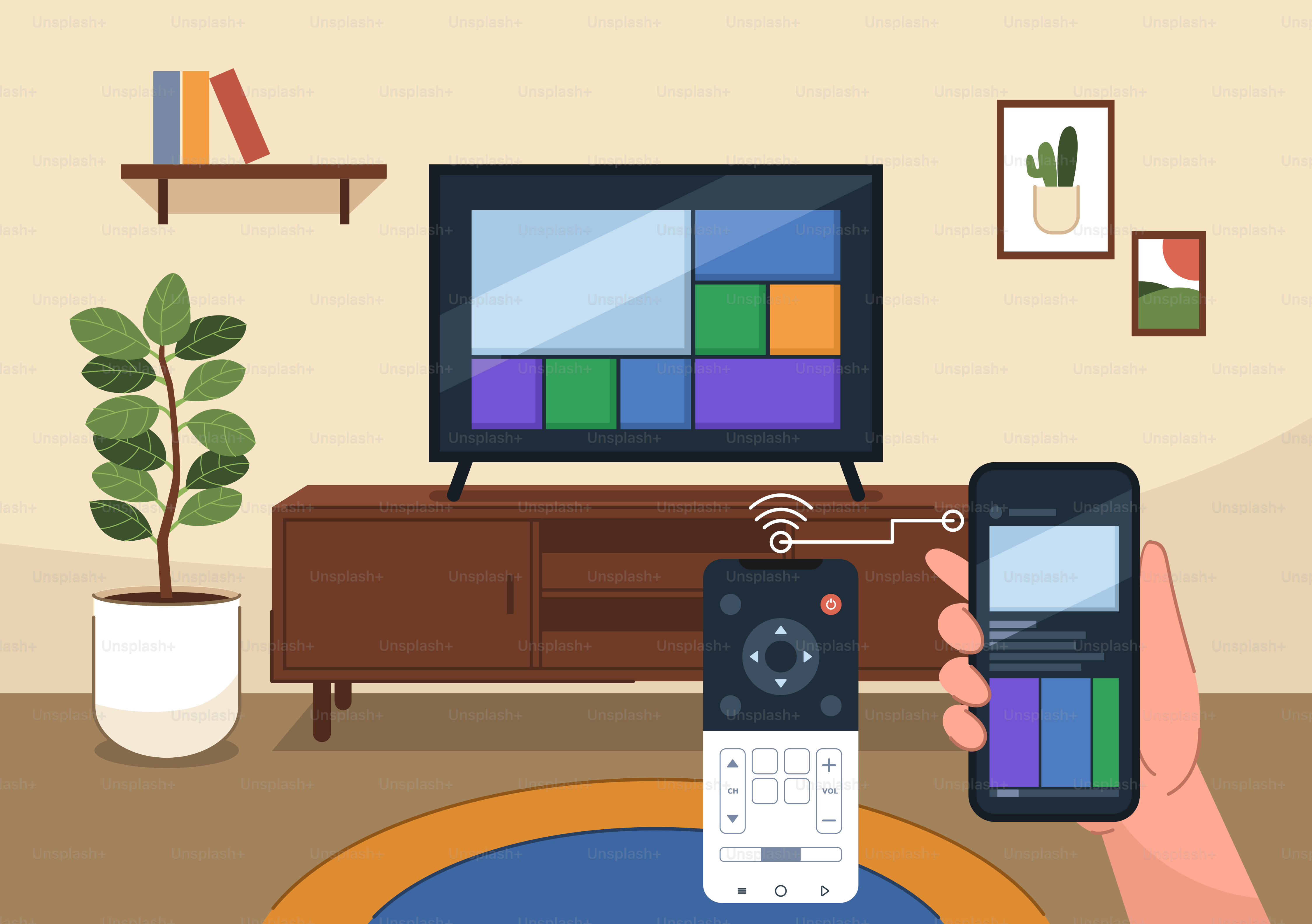 평면 TV 앞에서 스마트폰을 들고 있는 사람