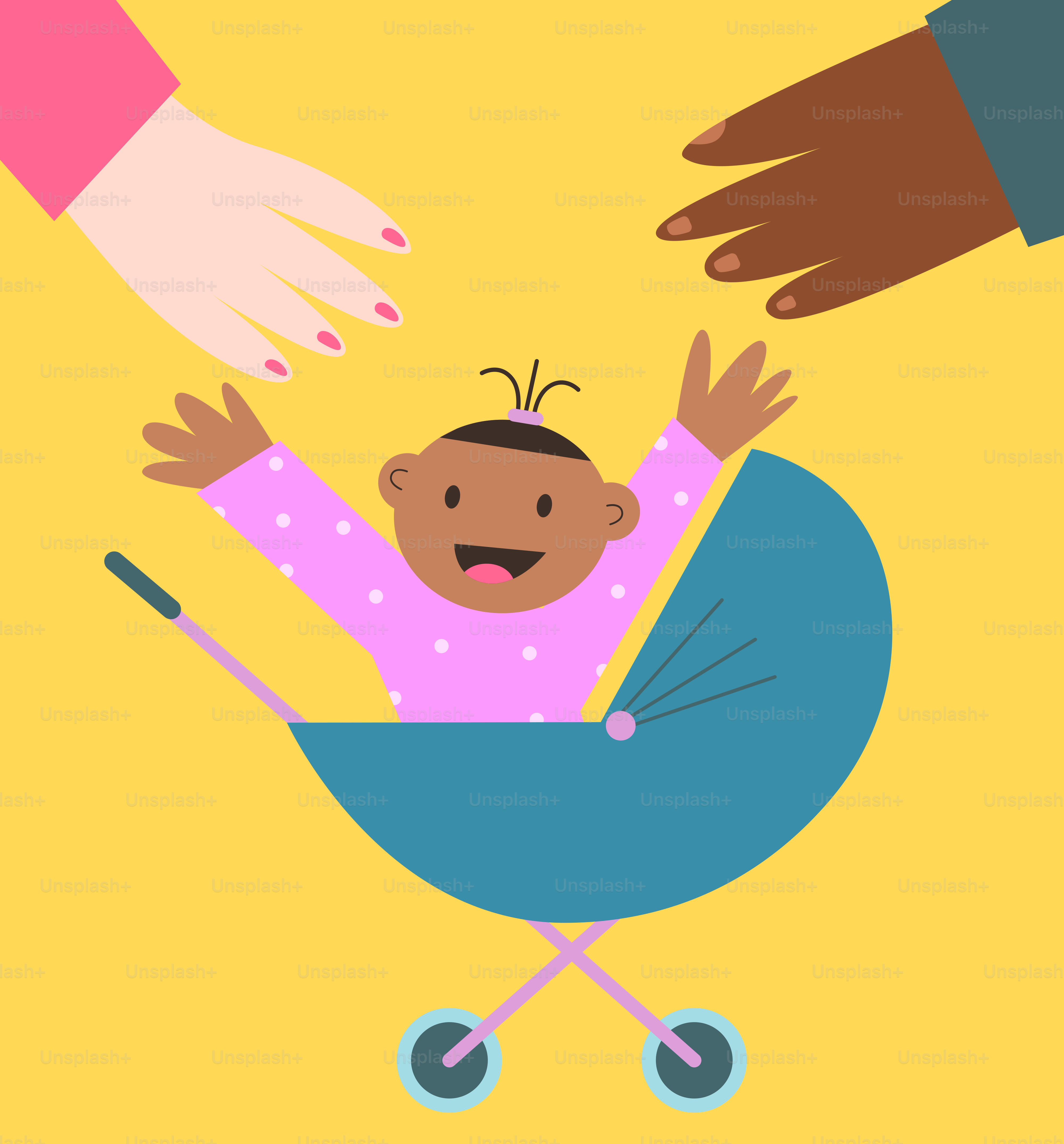 A baby in a stroller being held by two hands