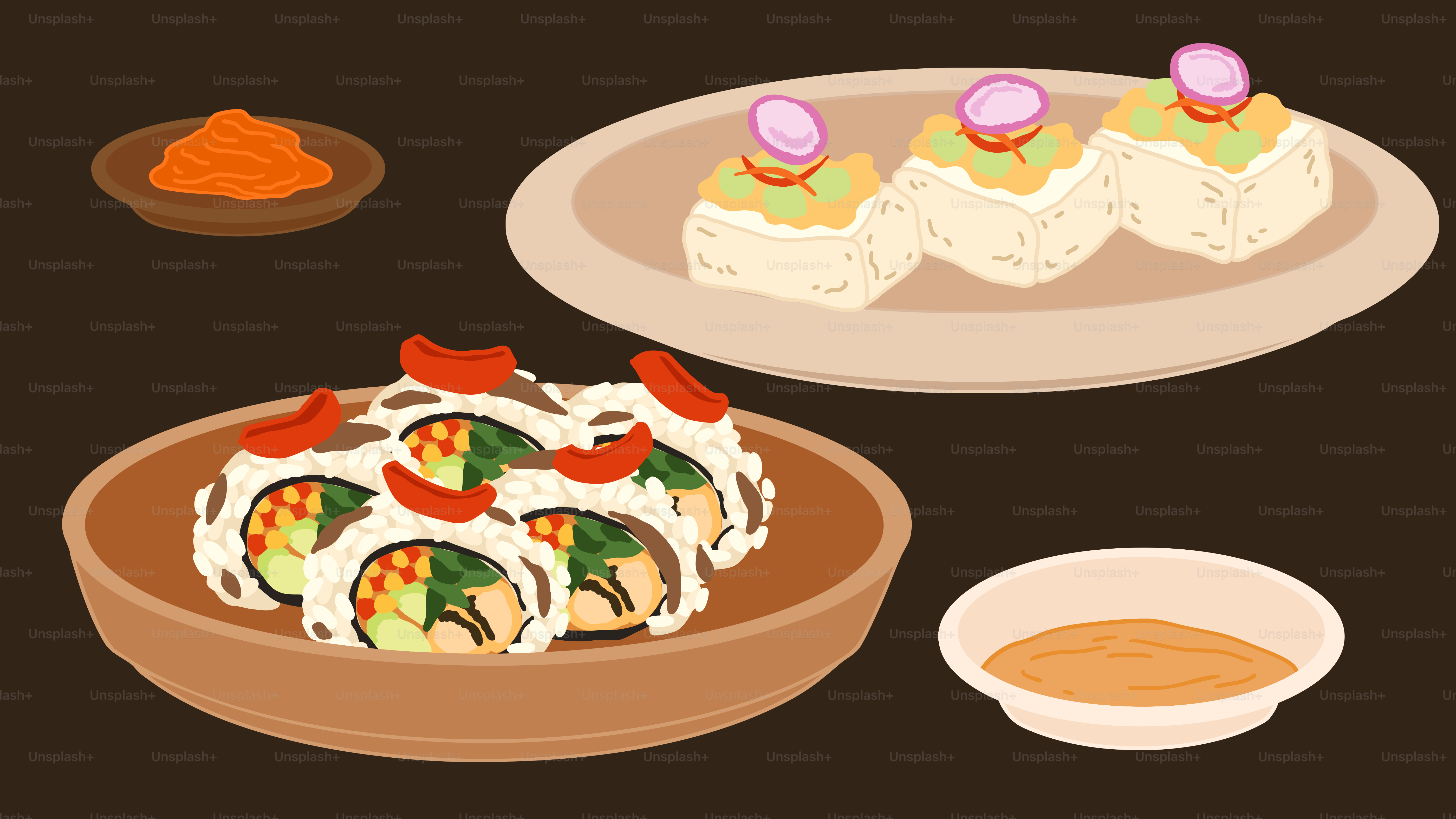 A plate of sushi and a bowl of dipping sauce