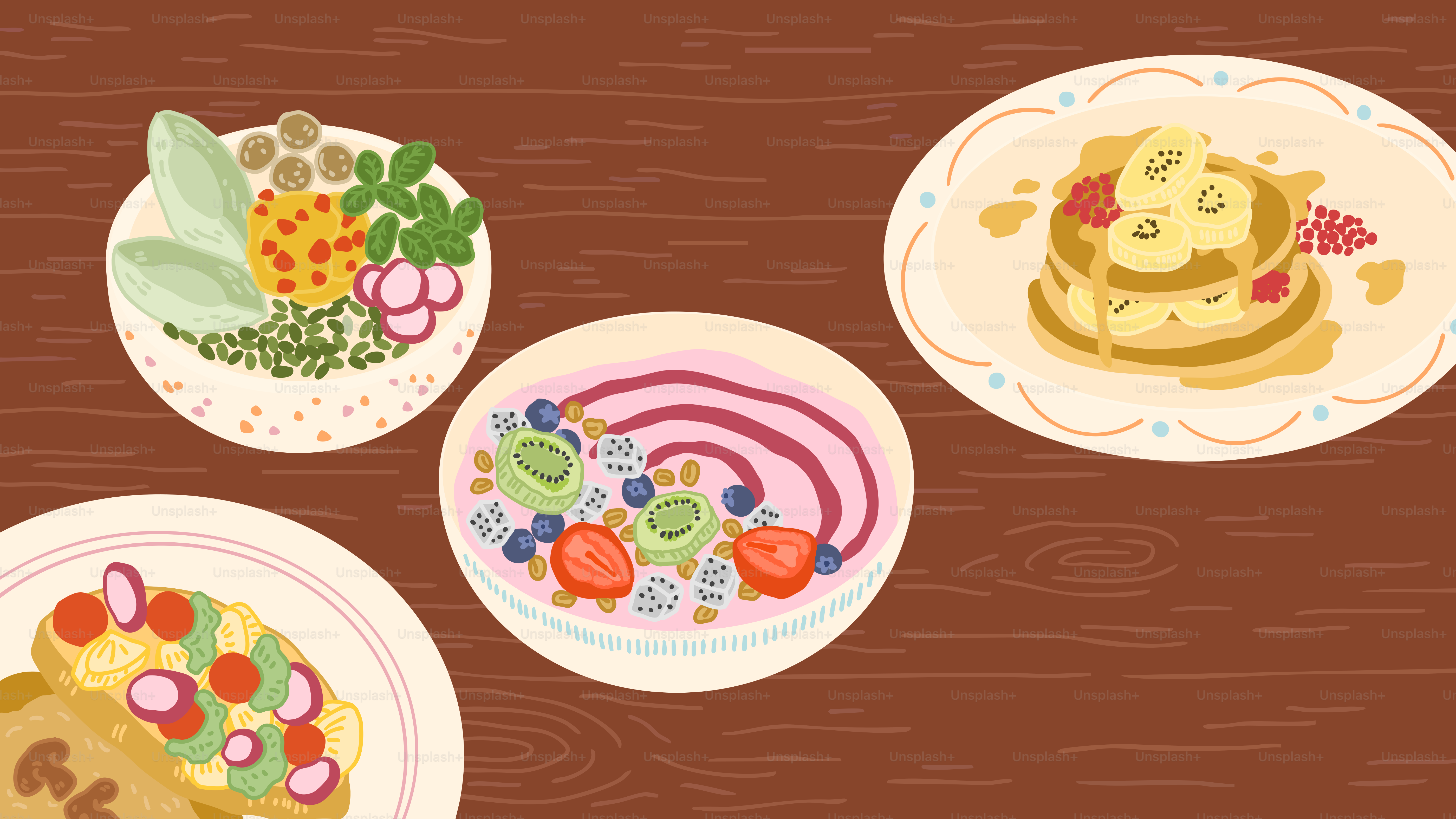 Three plates of food on a wooden table