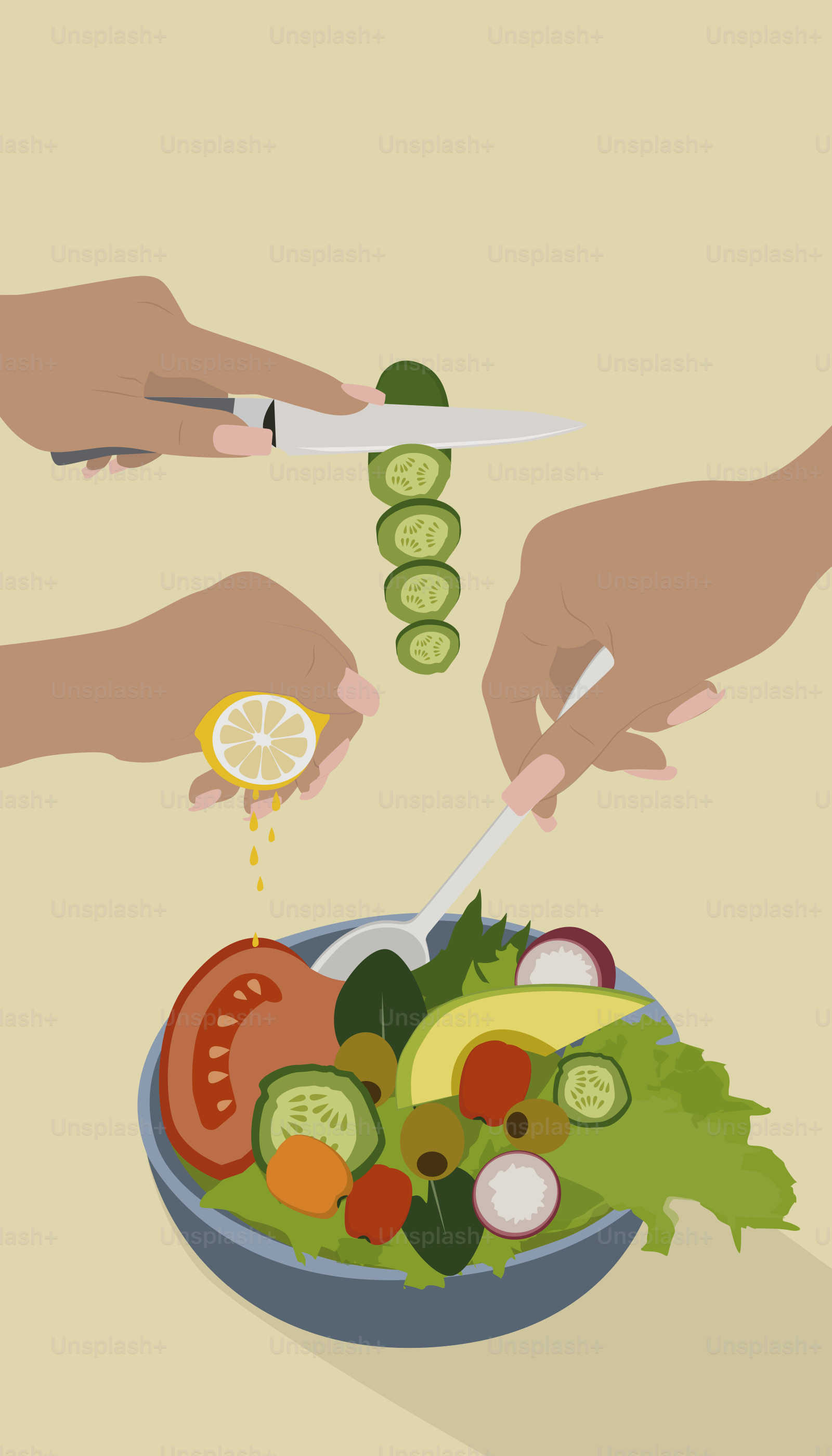 Two hands cutting a salad with a pair of scissors