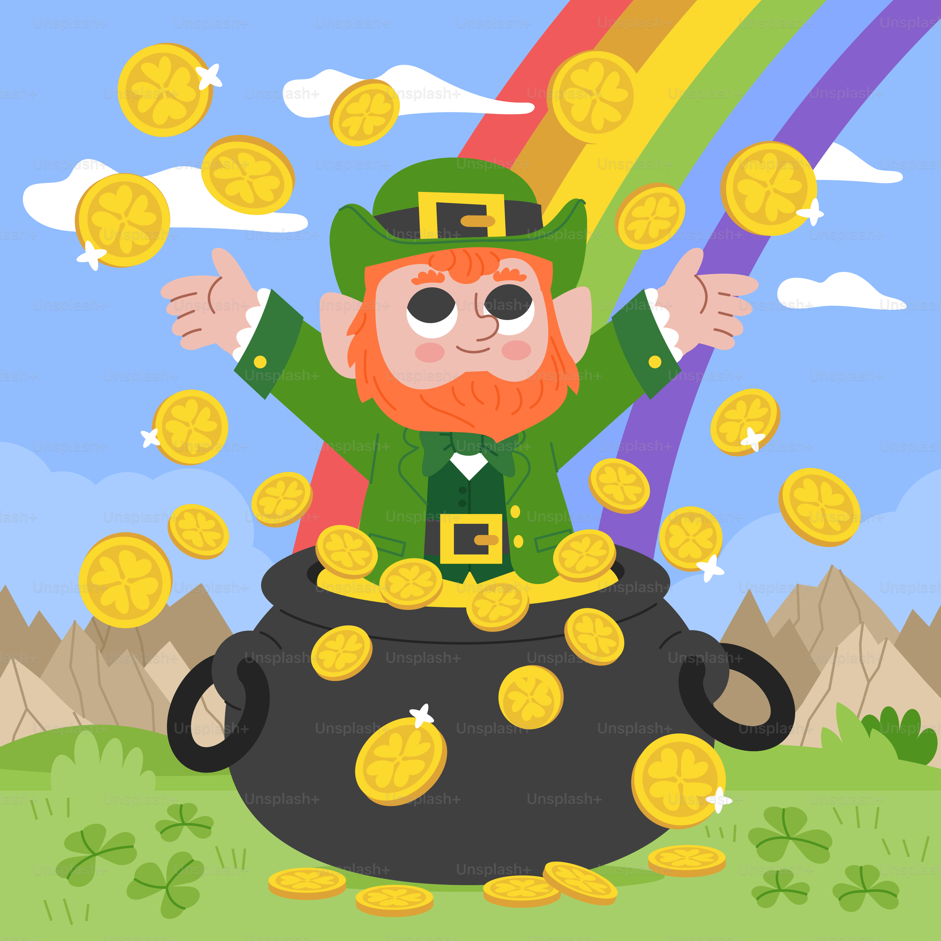 Ein Lepreit sitzt in einem Topf mit Goldmünzen
