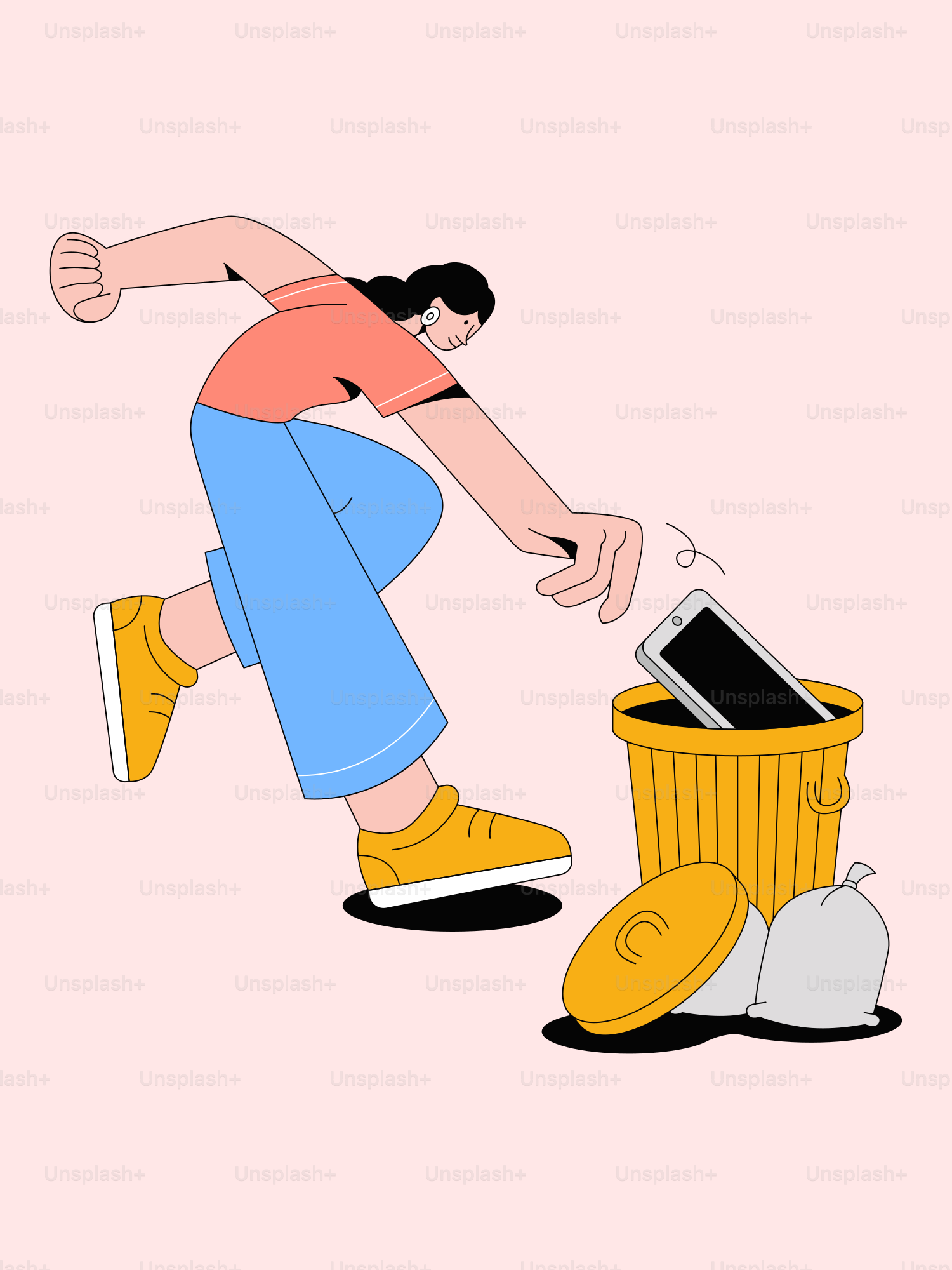 A woman is throwing a trash can into a trash can