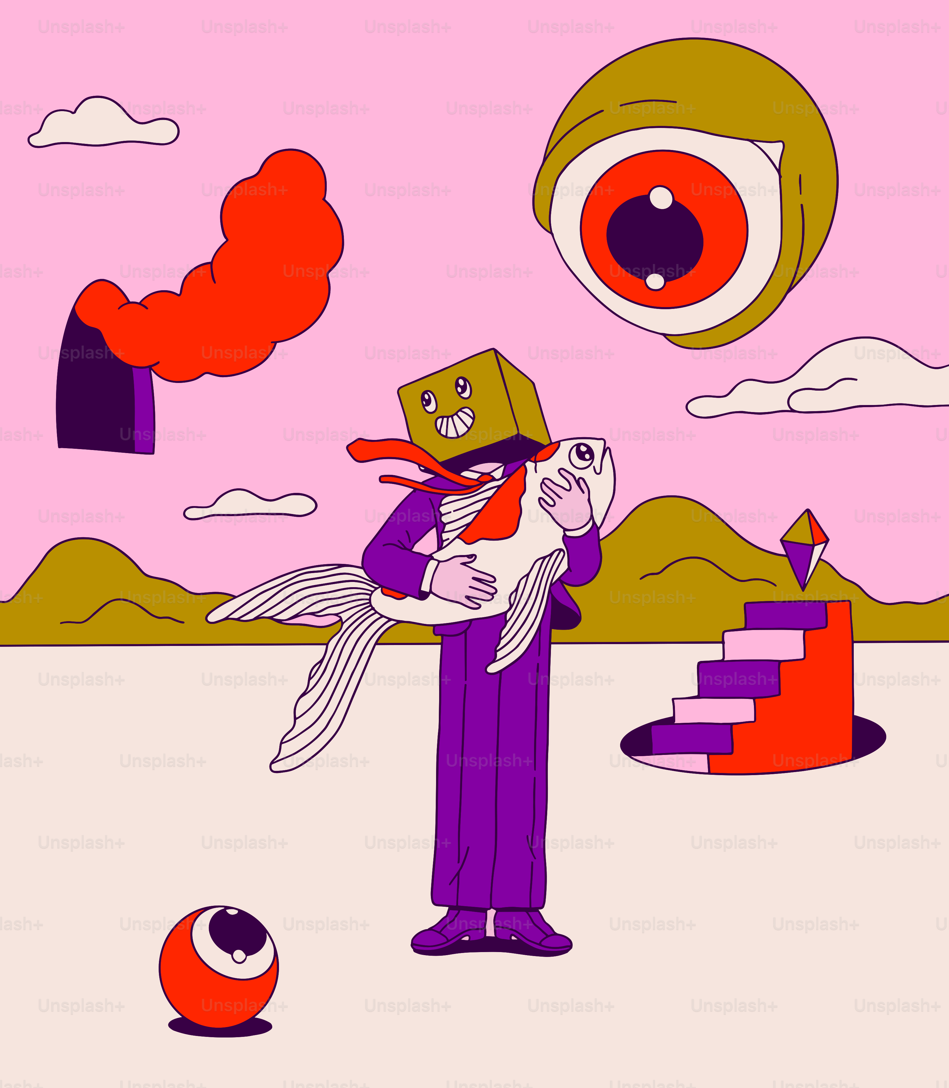 A man holding a cat in a cartoon style