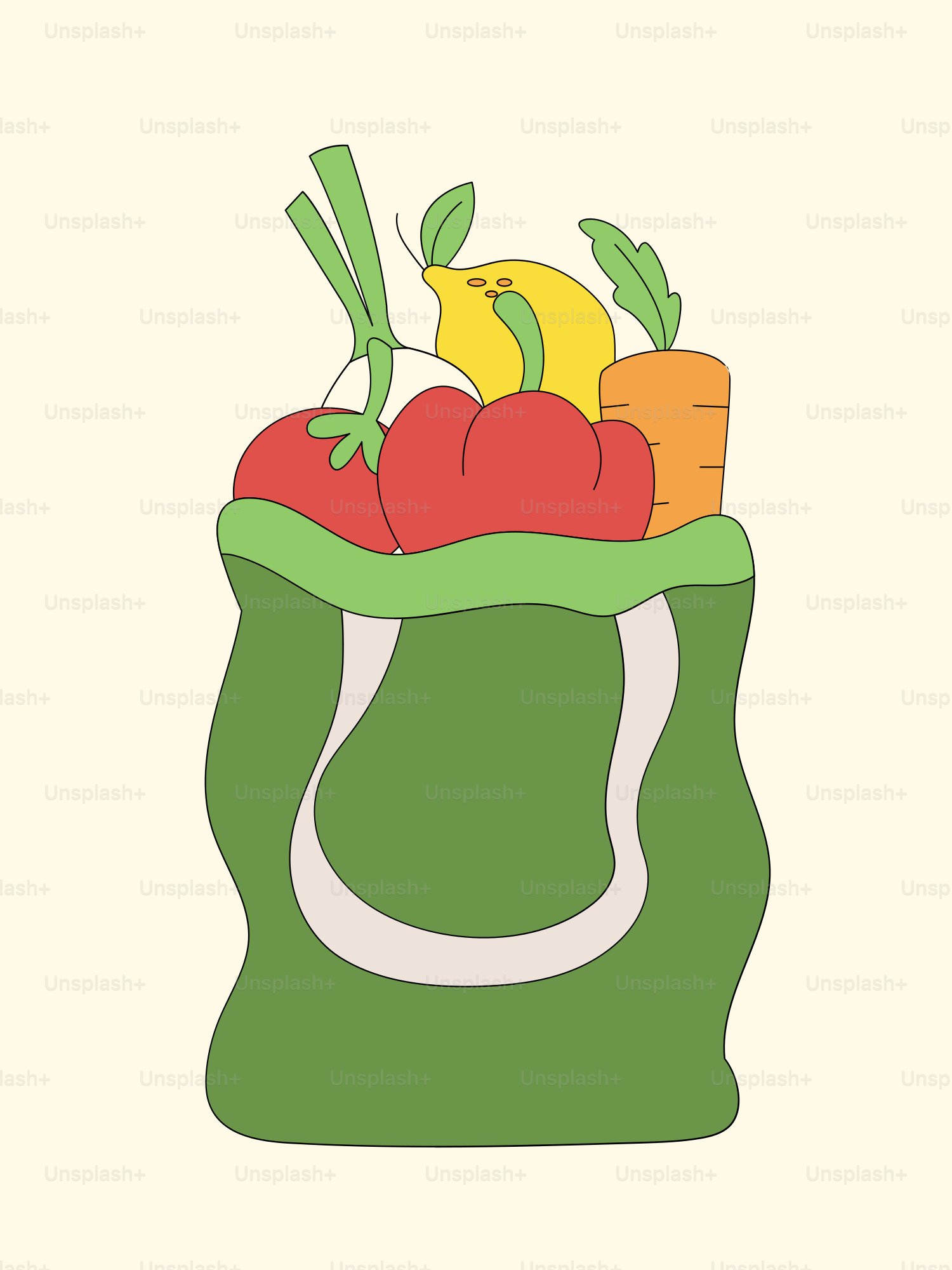 A bag of fruit and vegetables on a white background