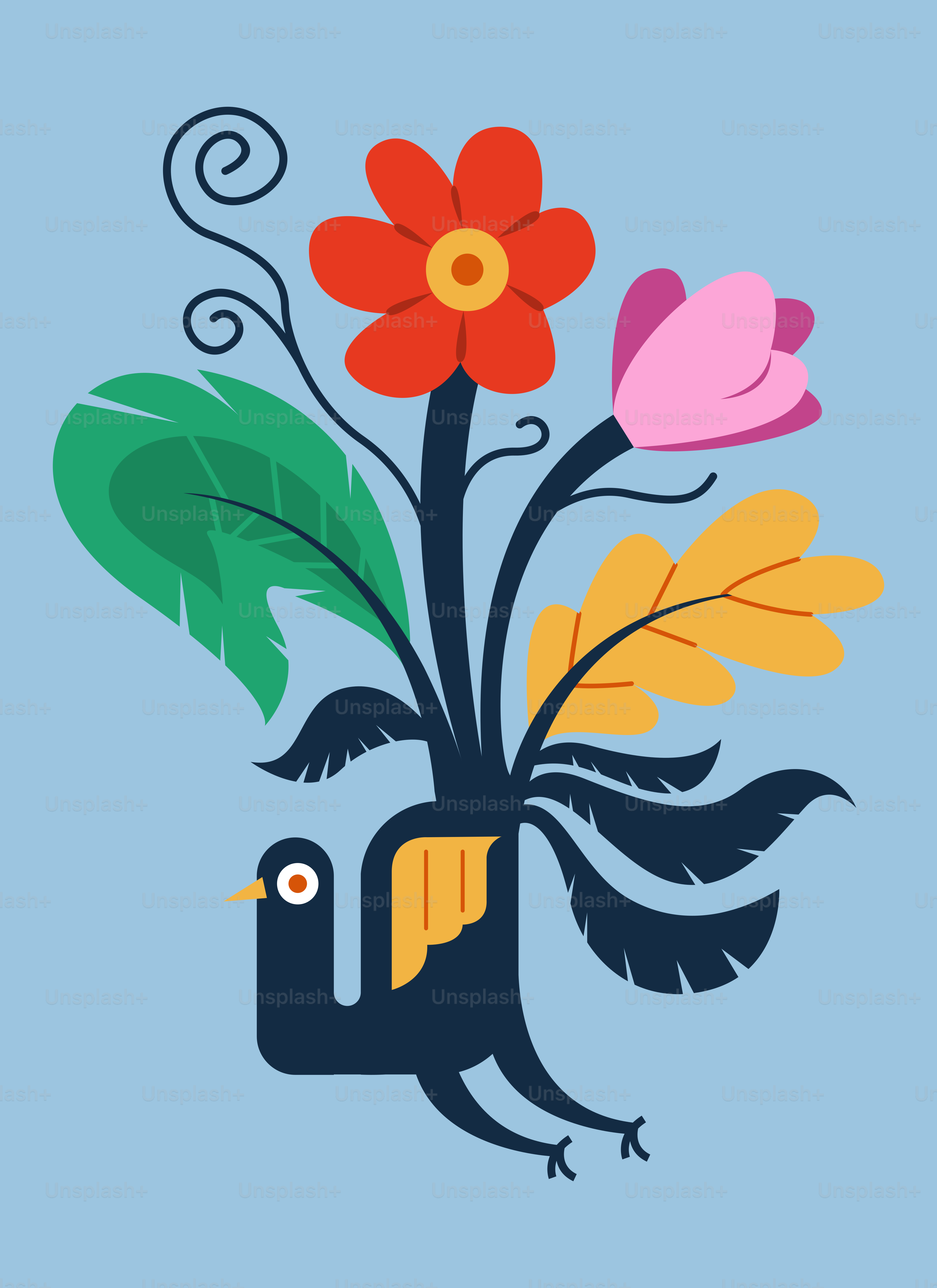 A bird with a bouquet of flowers in its beak