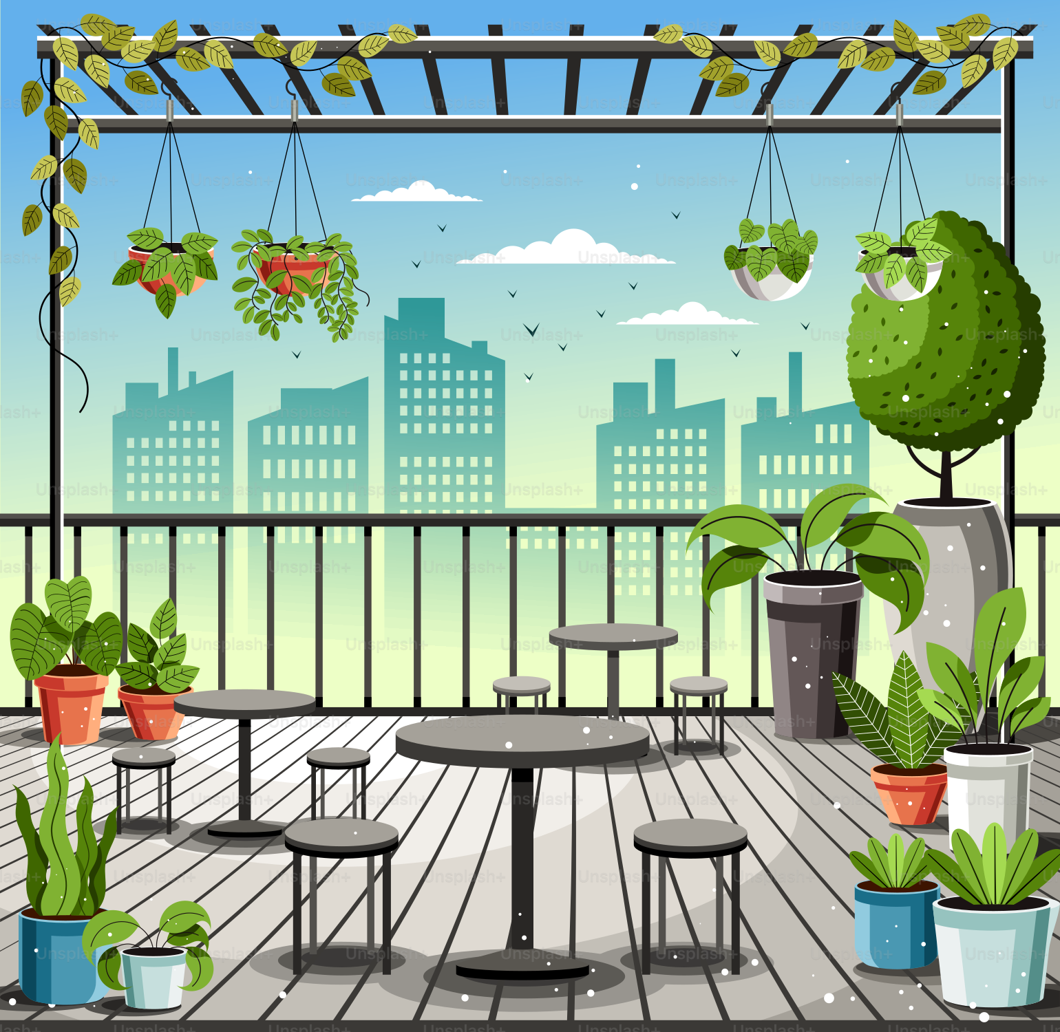 Ein Balkon mit Topfpflanzen und Blick auf die Stadt