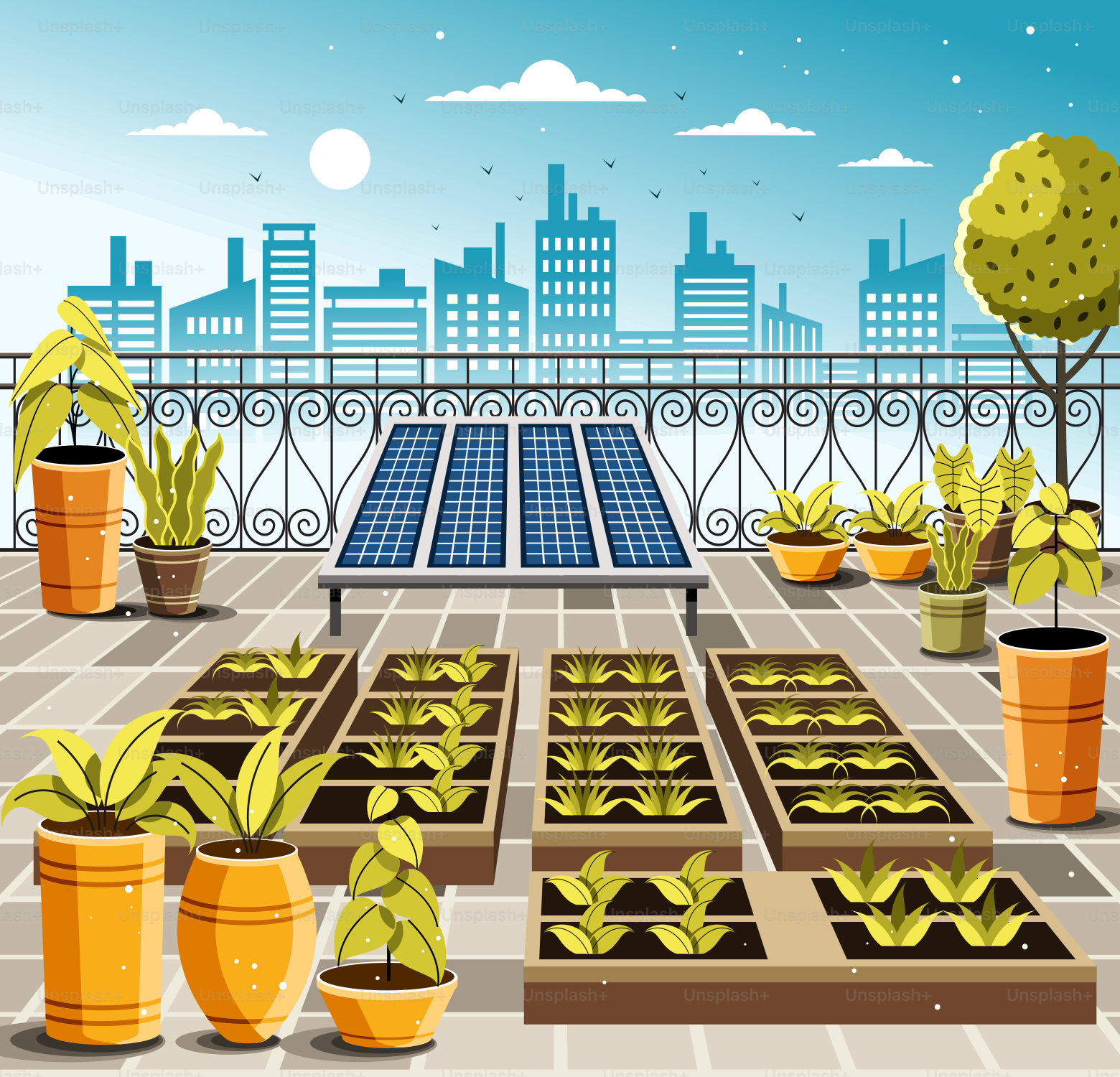 Ein Dachgarten mit Sonnenkollektoren und Topfpflanzen