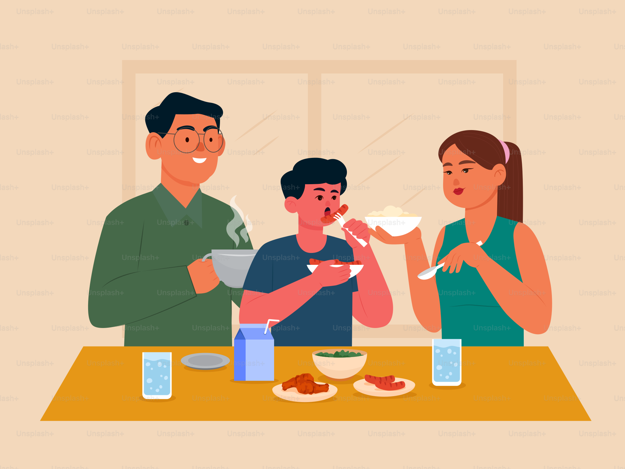 A group of people standing around a table eating food