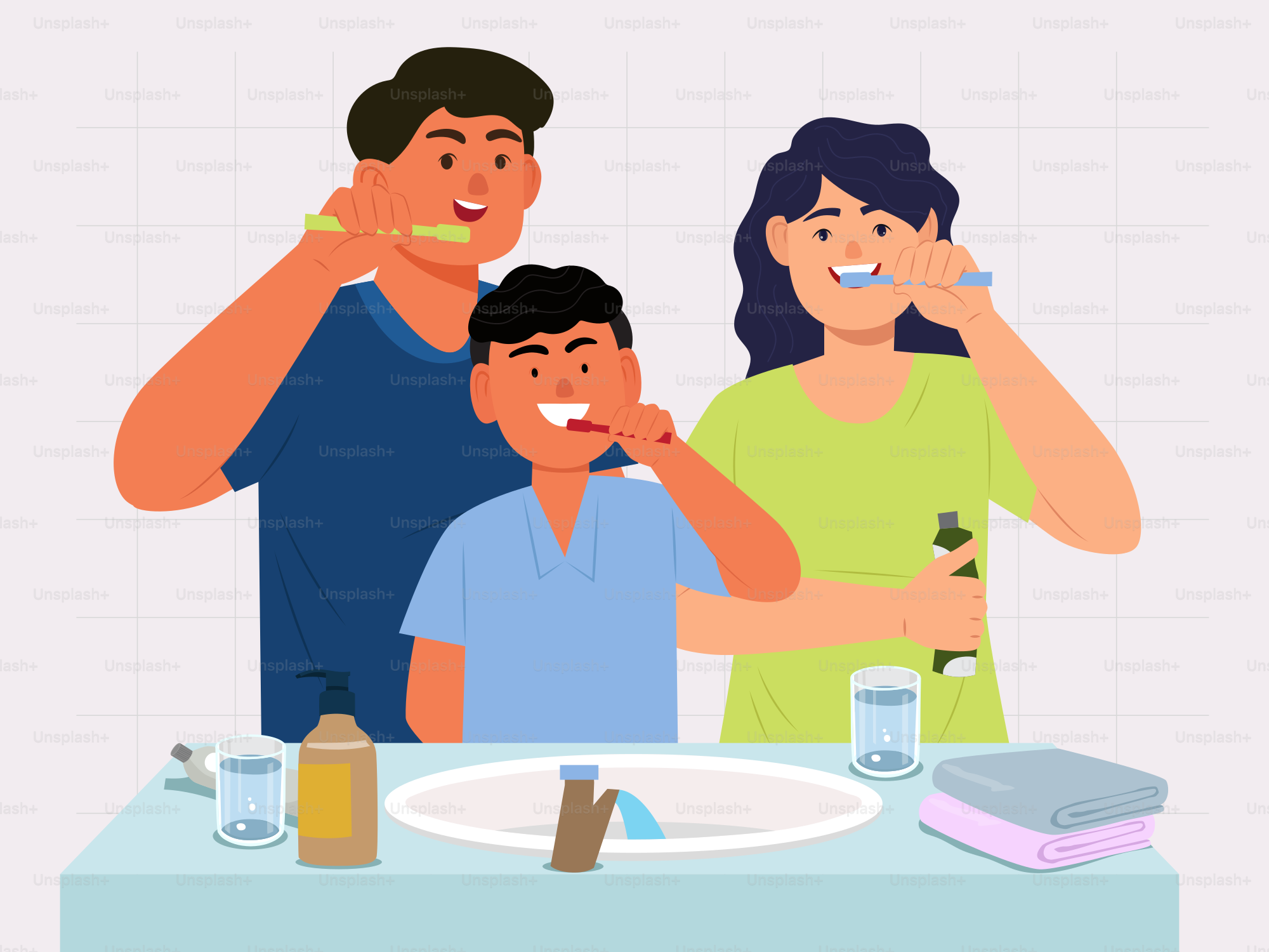 A family brushing their teeth in the bathroom