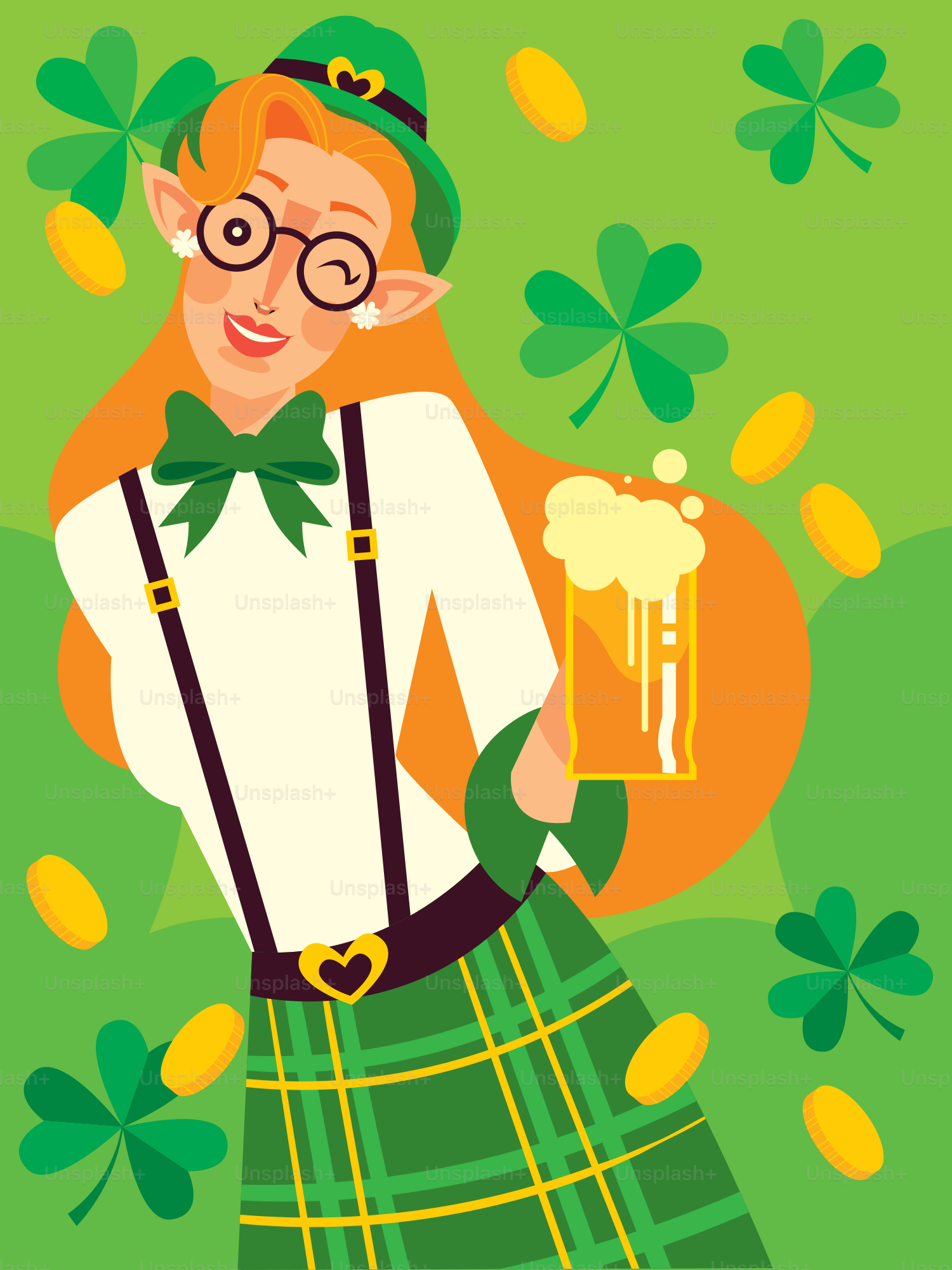 A woman in a kilt holding a mug of beer