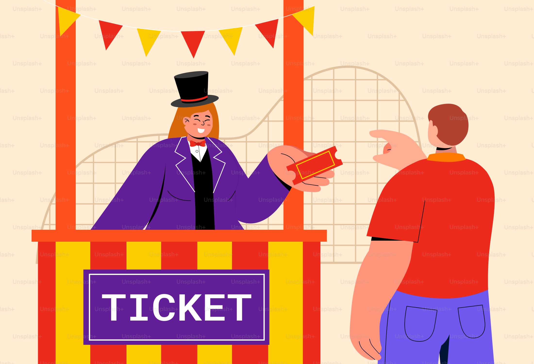 A man is handing a ticket to a man in a top hat