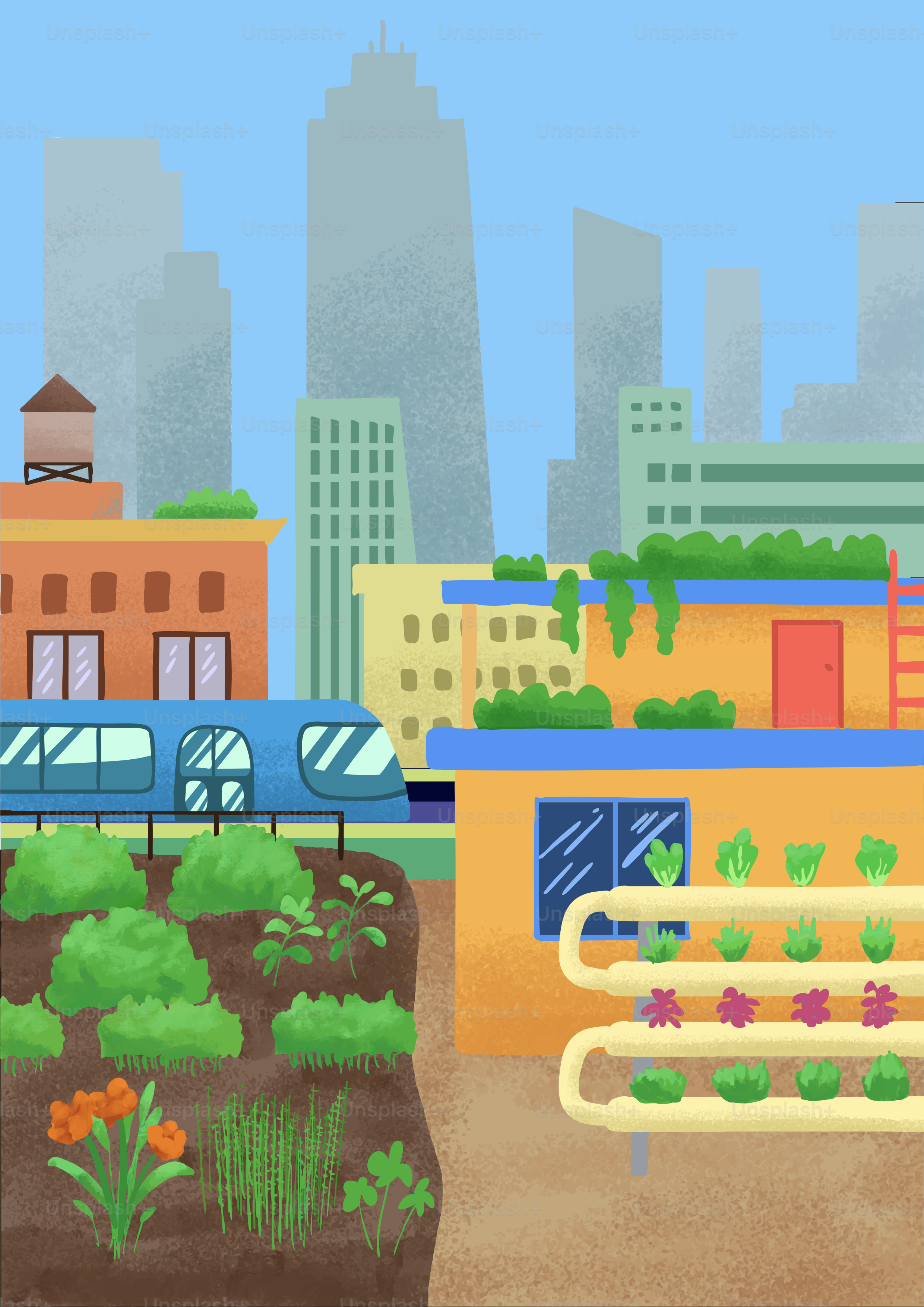 A city scene with a train on the tracks