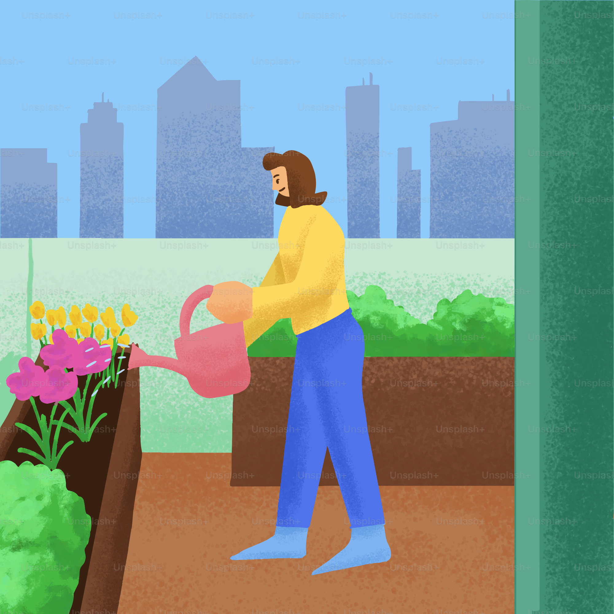 A man is watering flowers in a garden