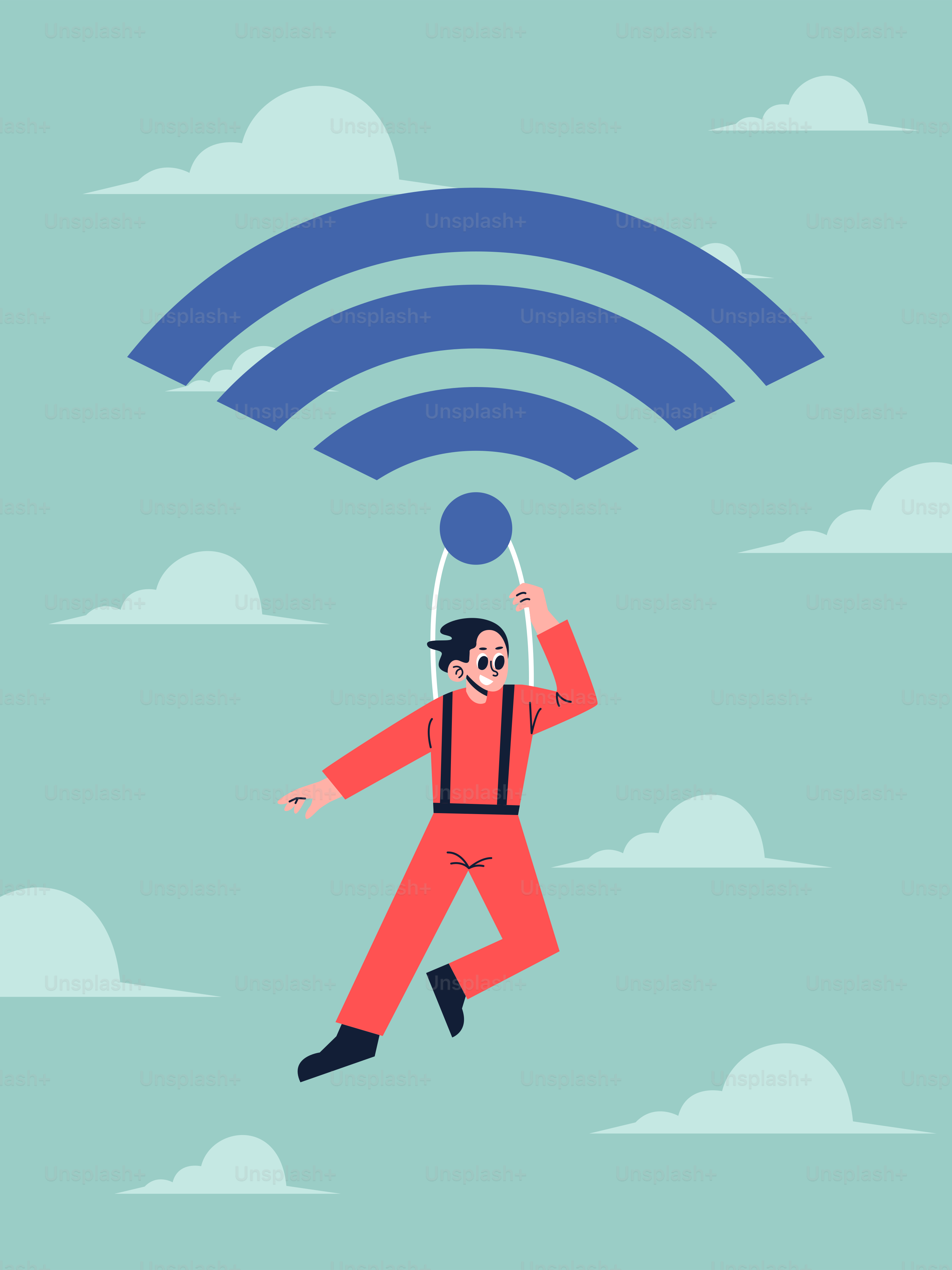 男が空中を飛んでおり、彼の上にはwifiのシンボルがあります