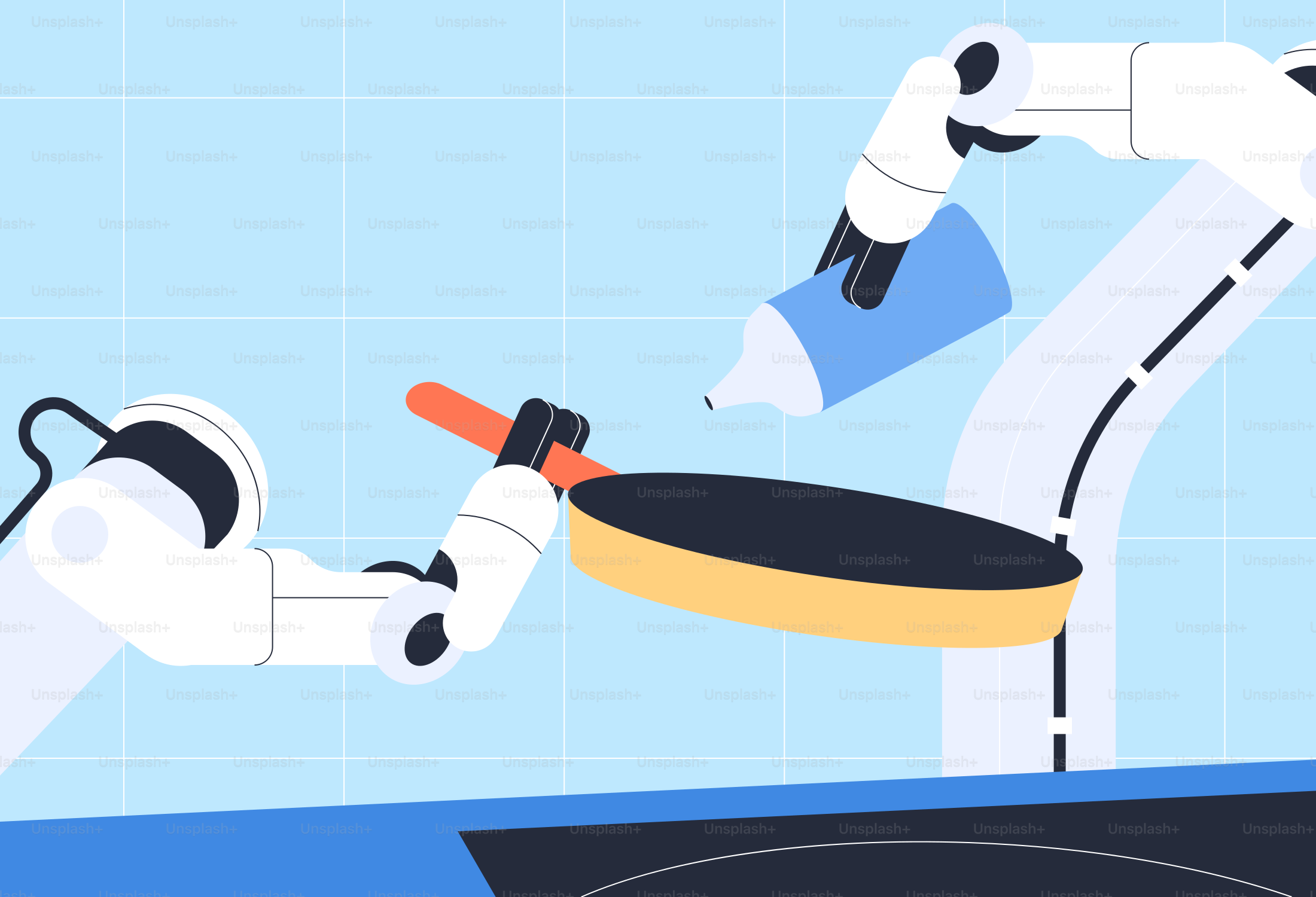 A robot frying a pan on a stove top