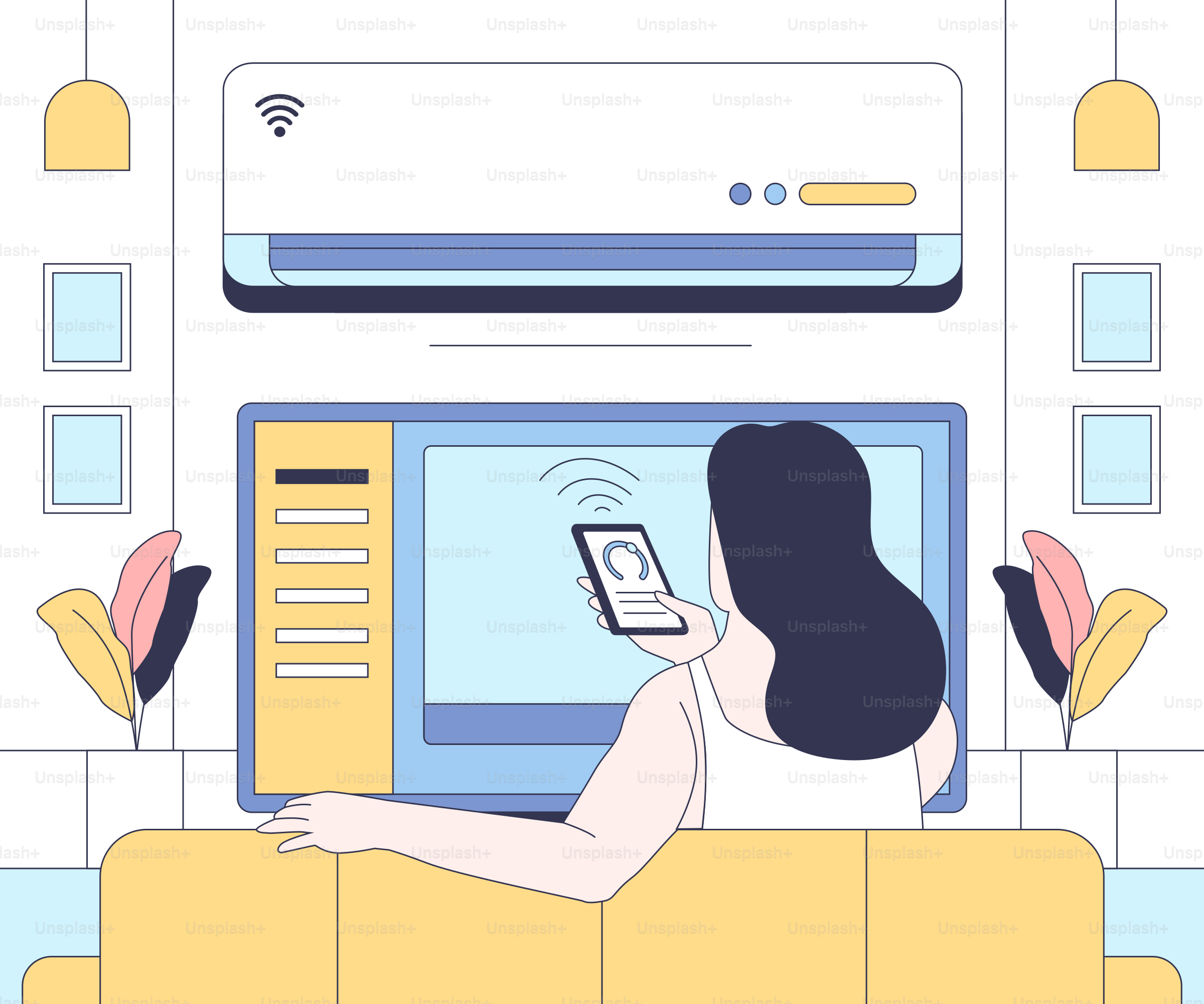 Una donna seduta su un divano usando un telefono cellulare