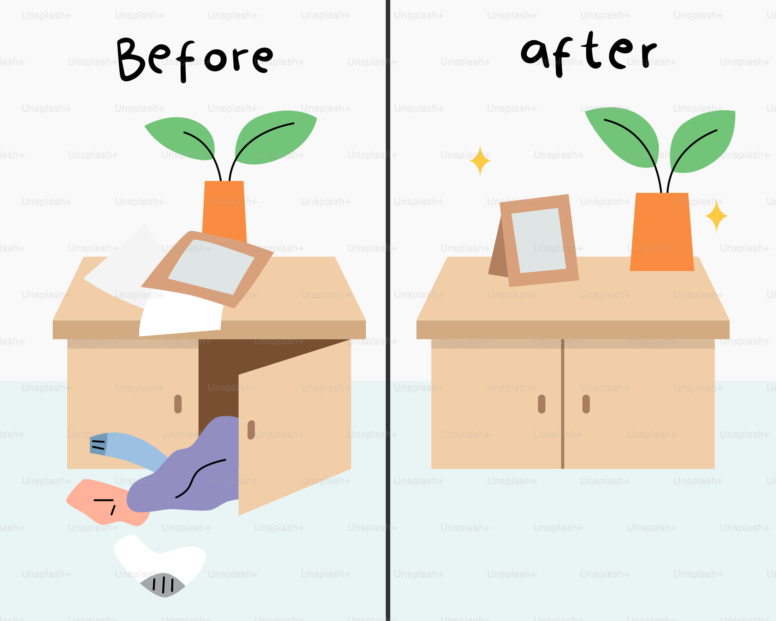 A picture of a desk with a potted plant on top of it