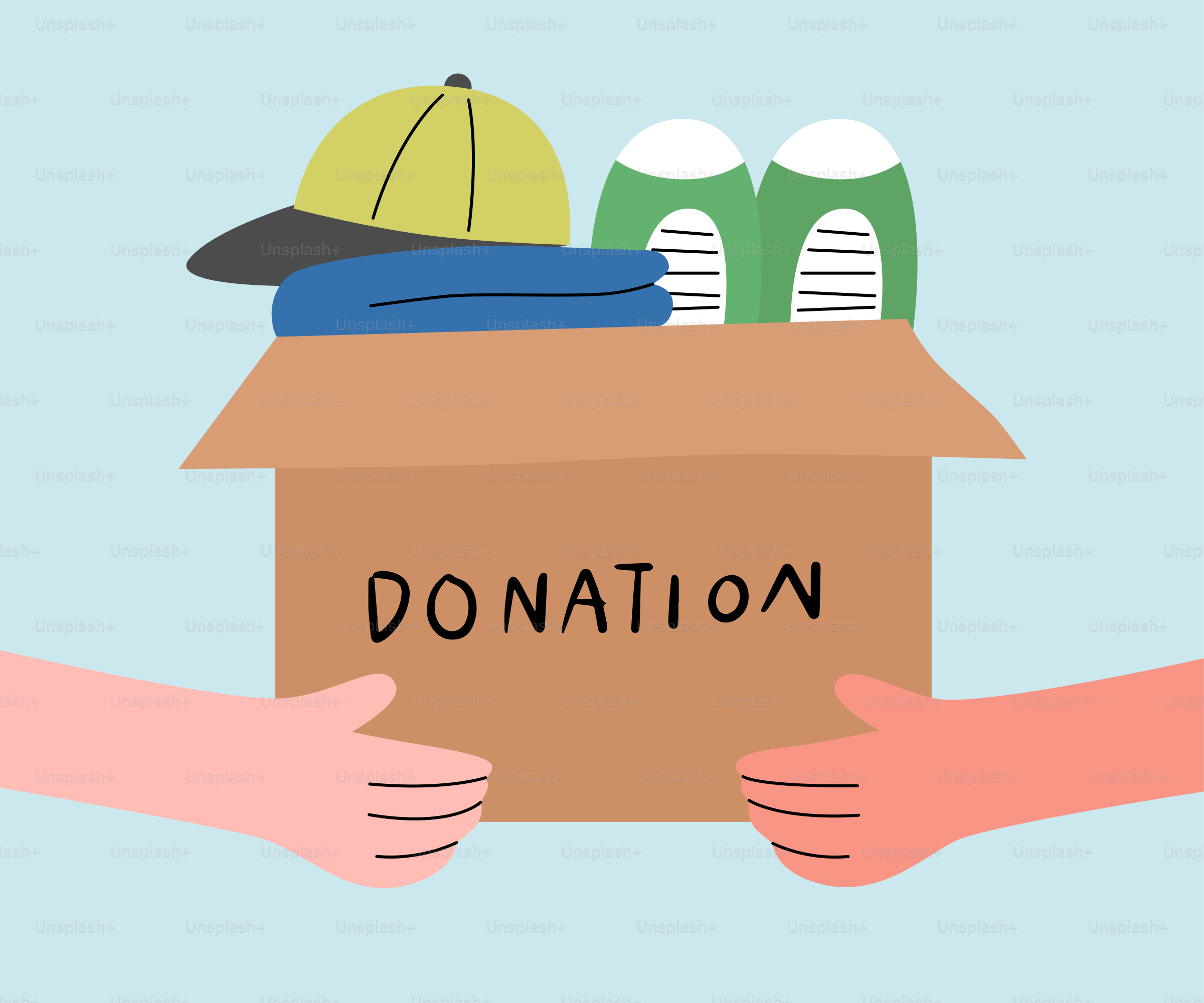 帽子が載った段ボール箱を両手で持っている