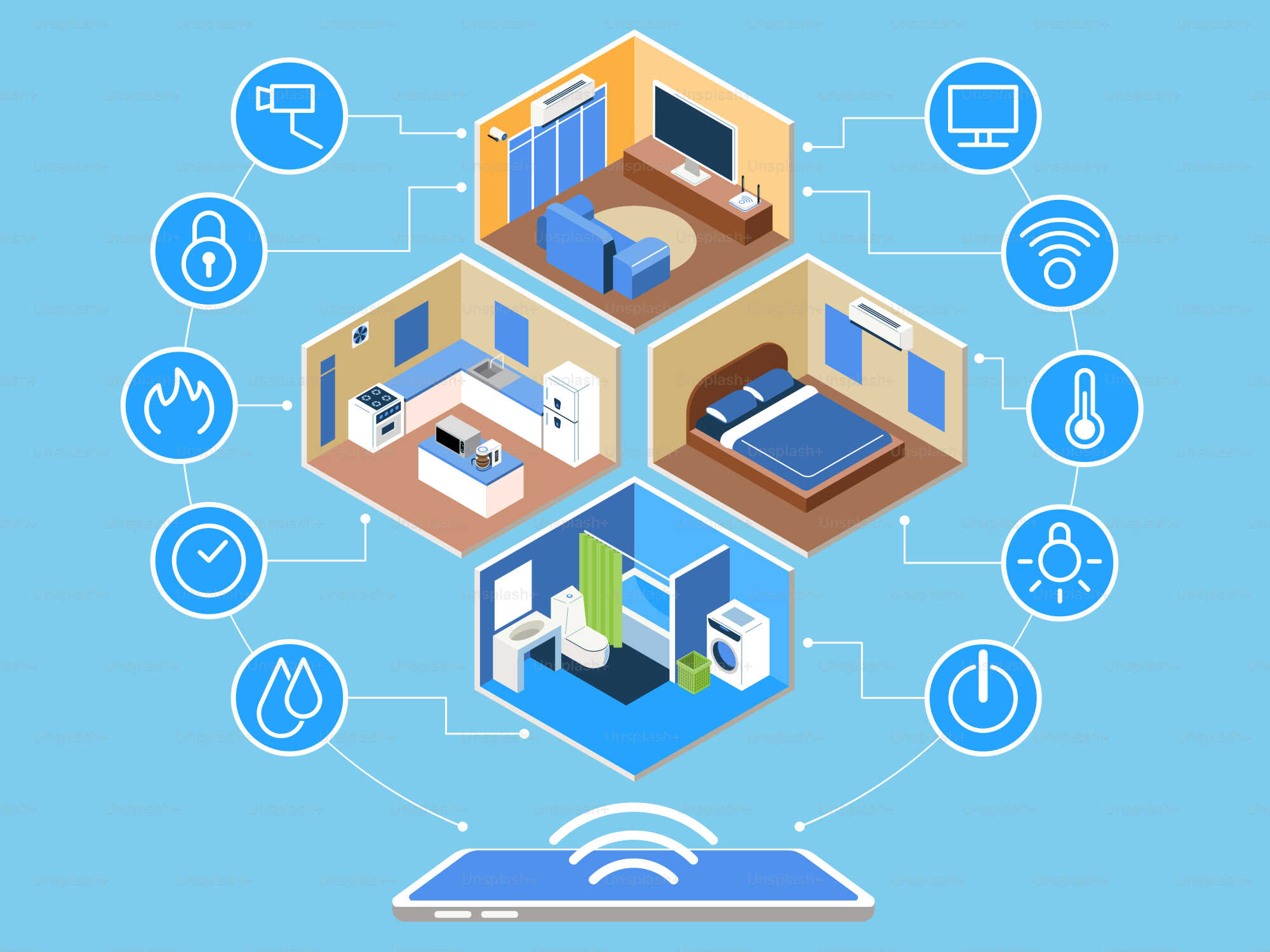 Ein Zimmer mit einem Bett, einem Schreibtisch und einem Laptop