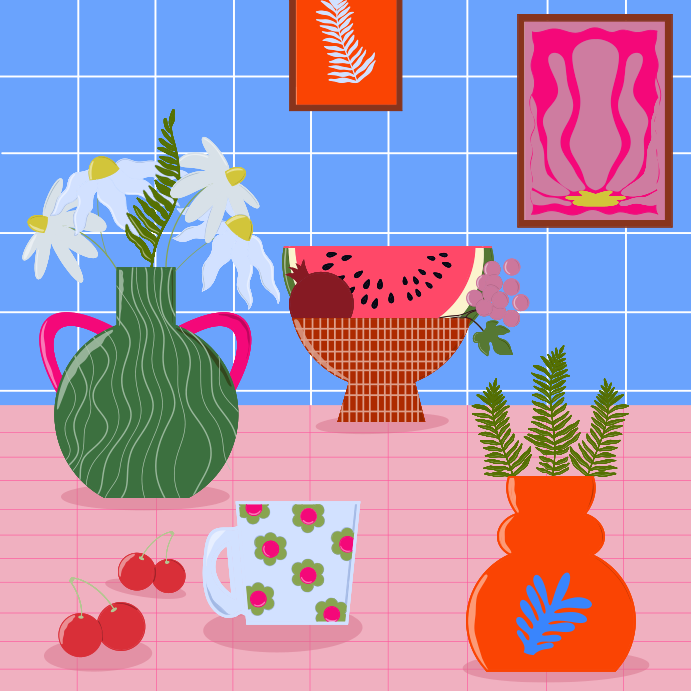 A kitchen counter with vases and flowers on it